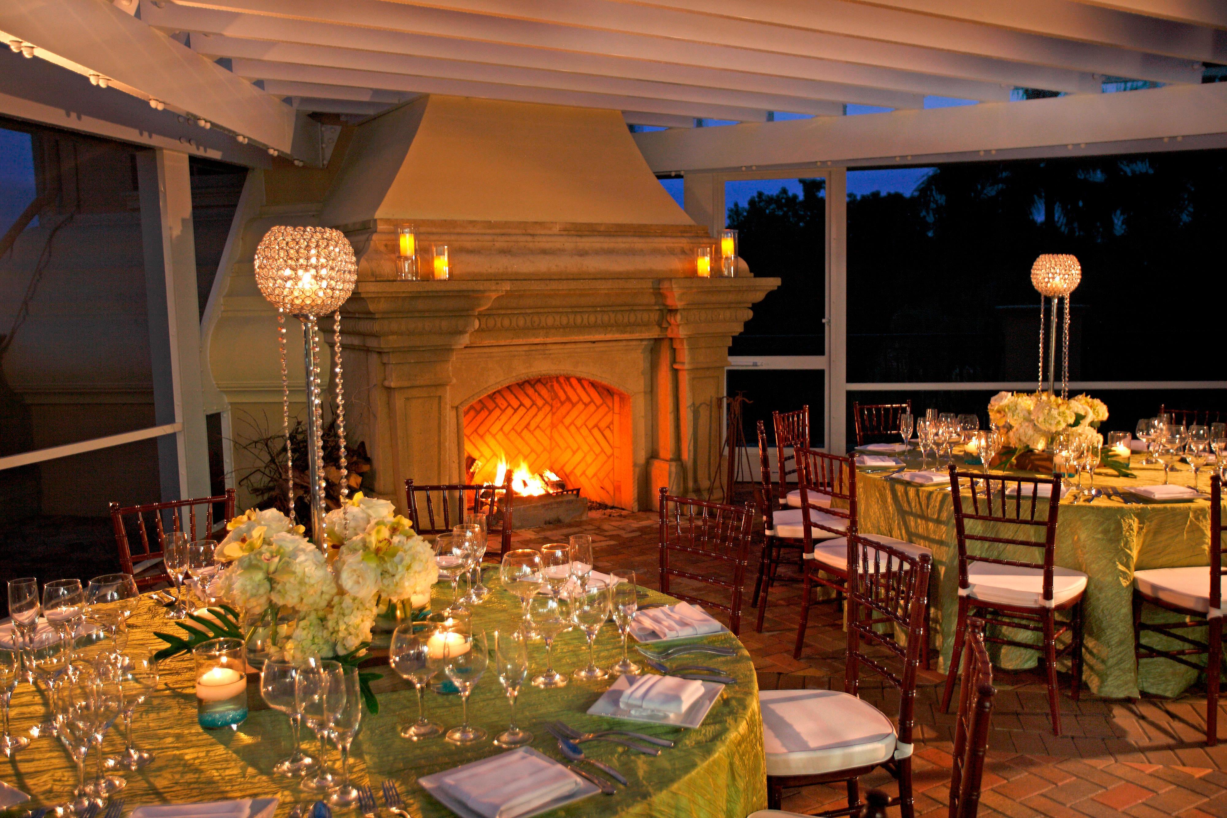 Wedding reception tables and fireplace