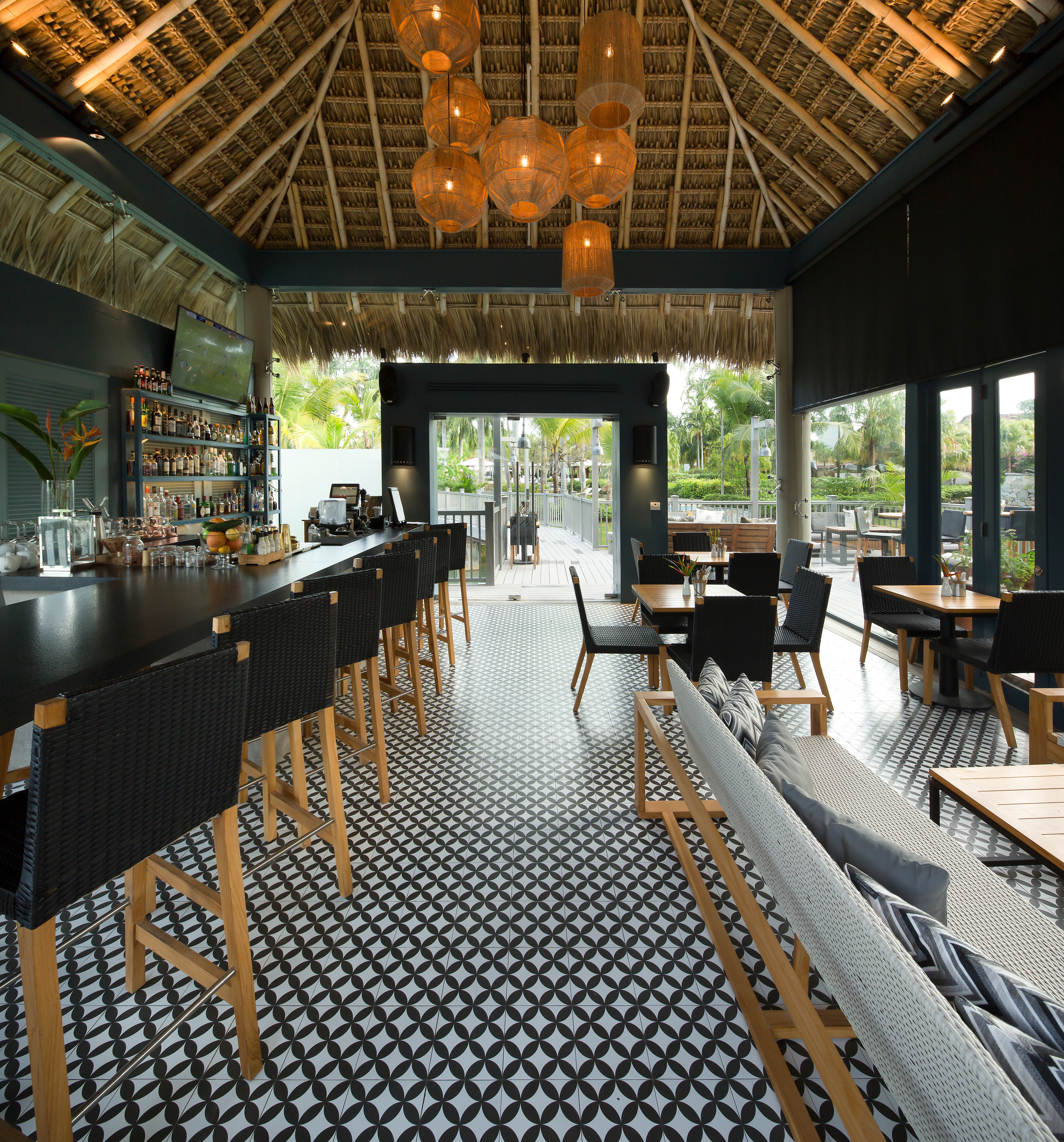 Palapa Bar interior with patterned floor