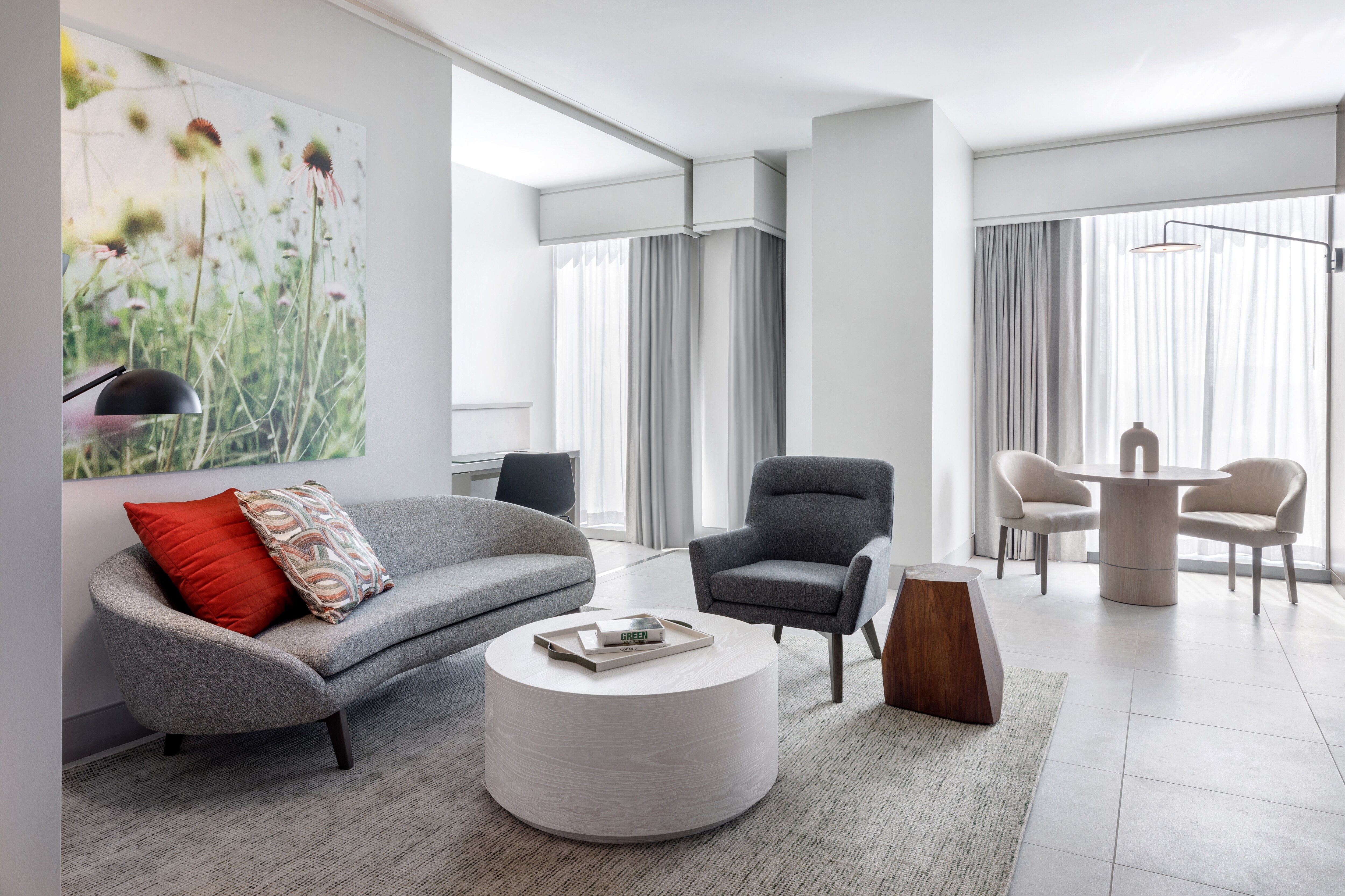 couch, dining table, desk