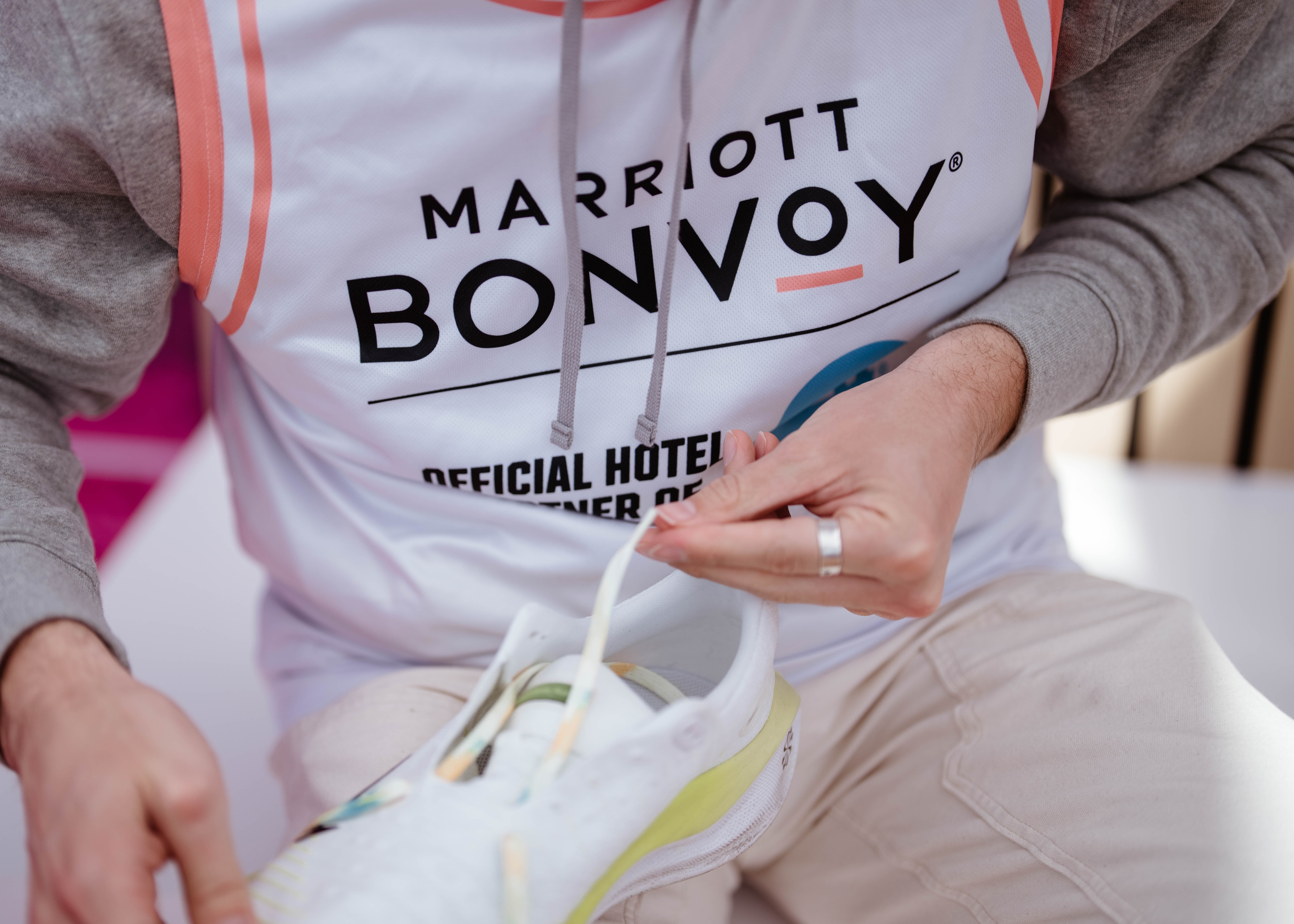Sneaker laces and a Marriott Bonvoy jersey