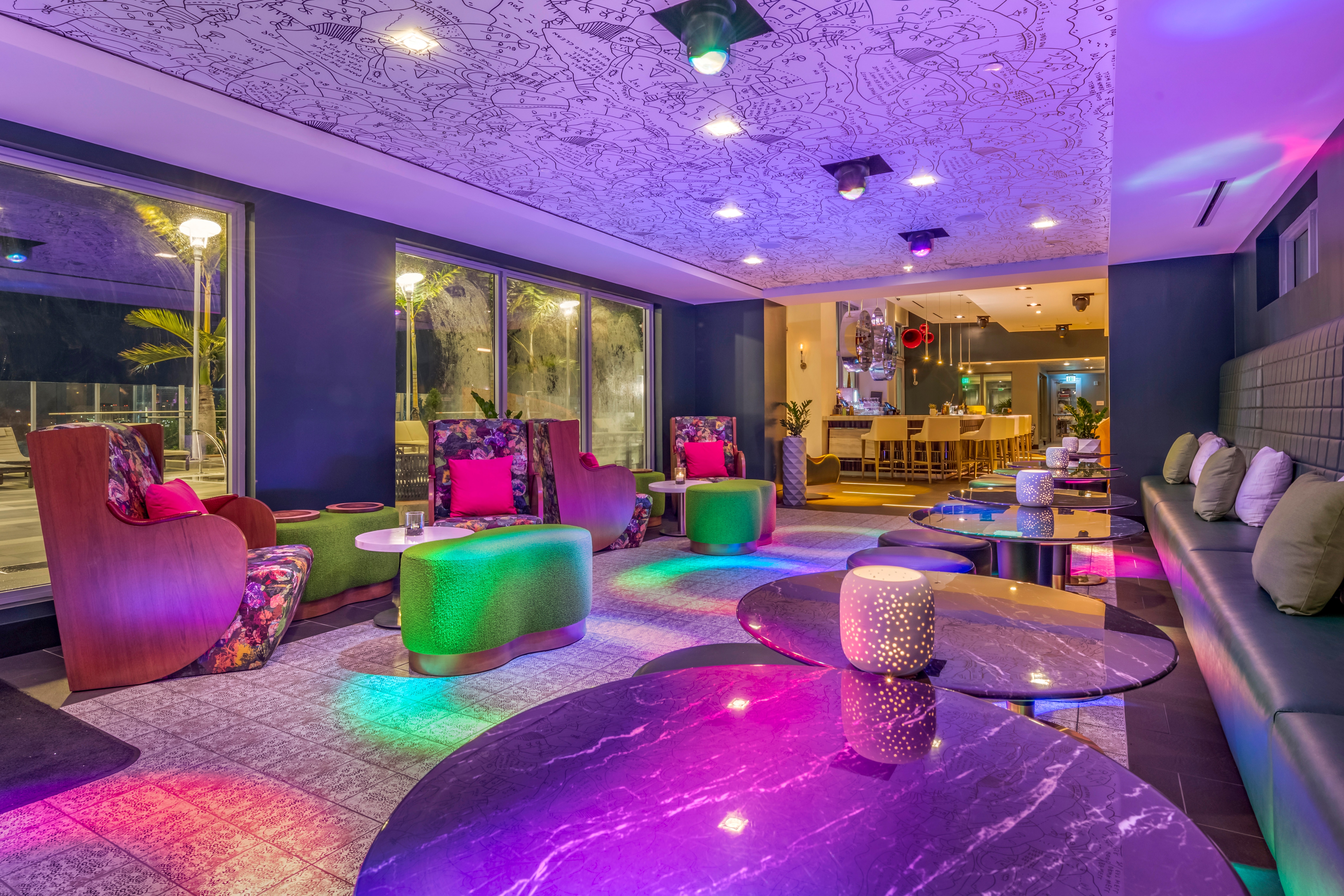 Rooftop bar colorful lights