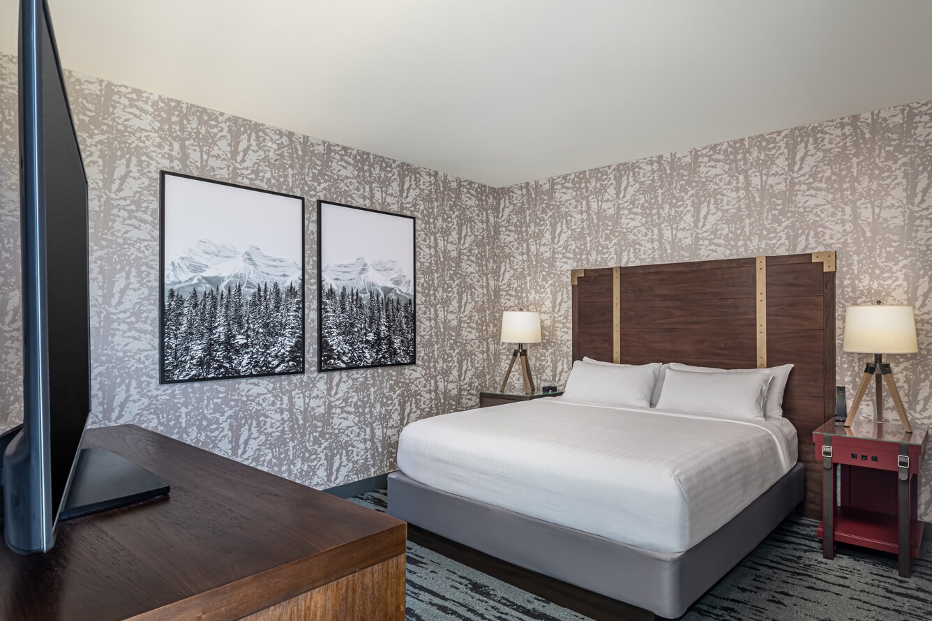 Guest room with king-size bed, artwork of snowy trees, nightstand with lamp, and flatscreen television.