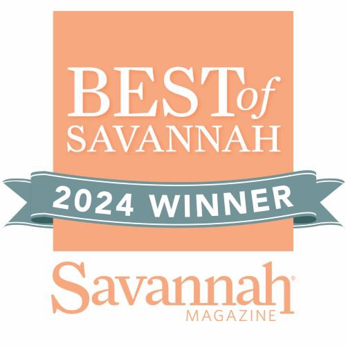 peach logo with white letters and blue banner