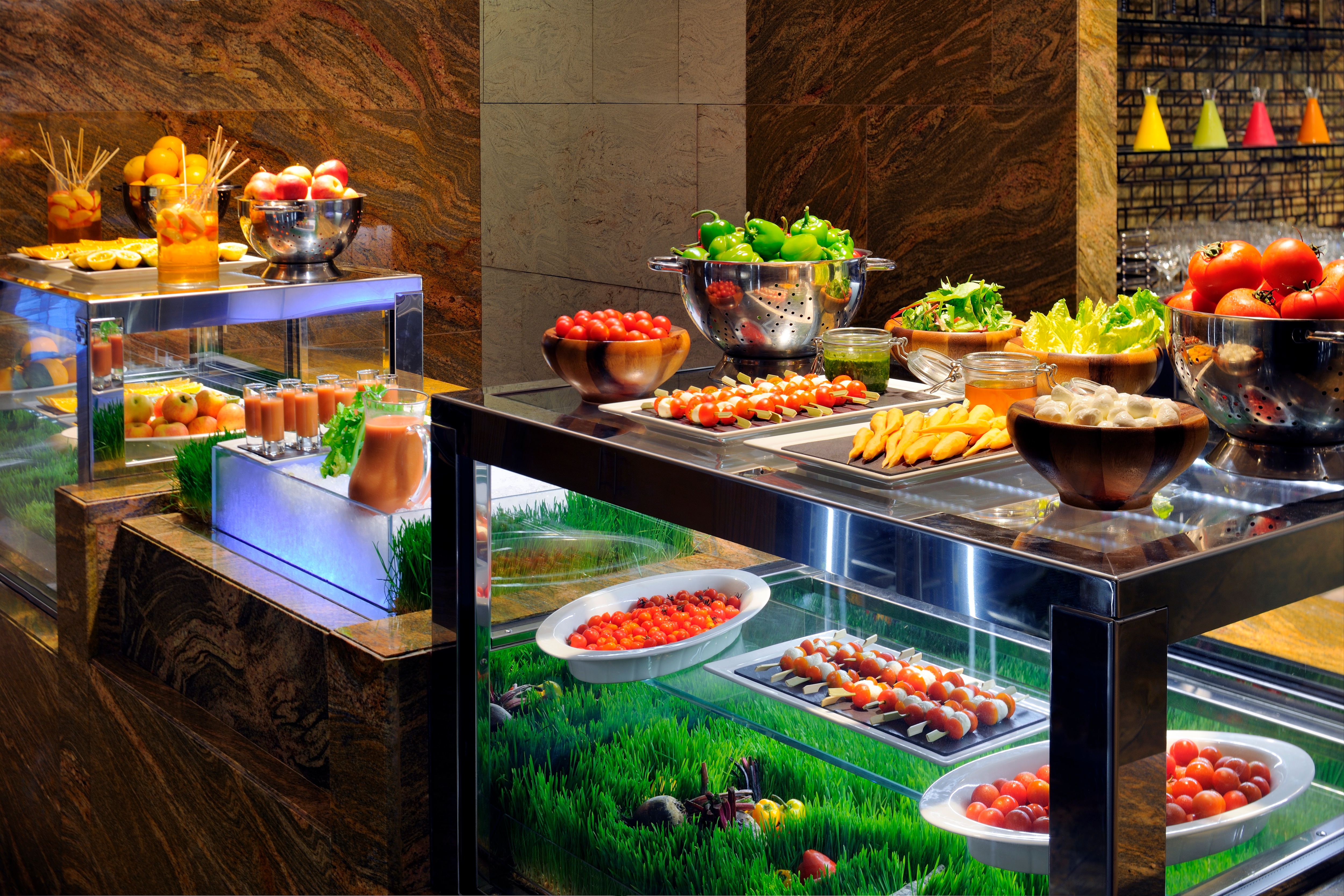 Food displayed at a buffet counter