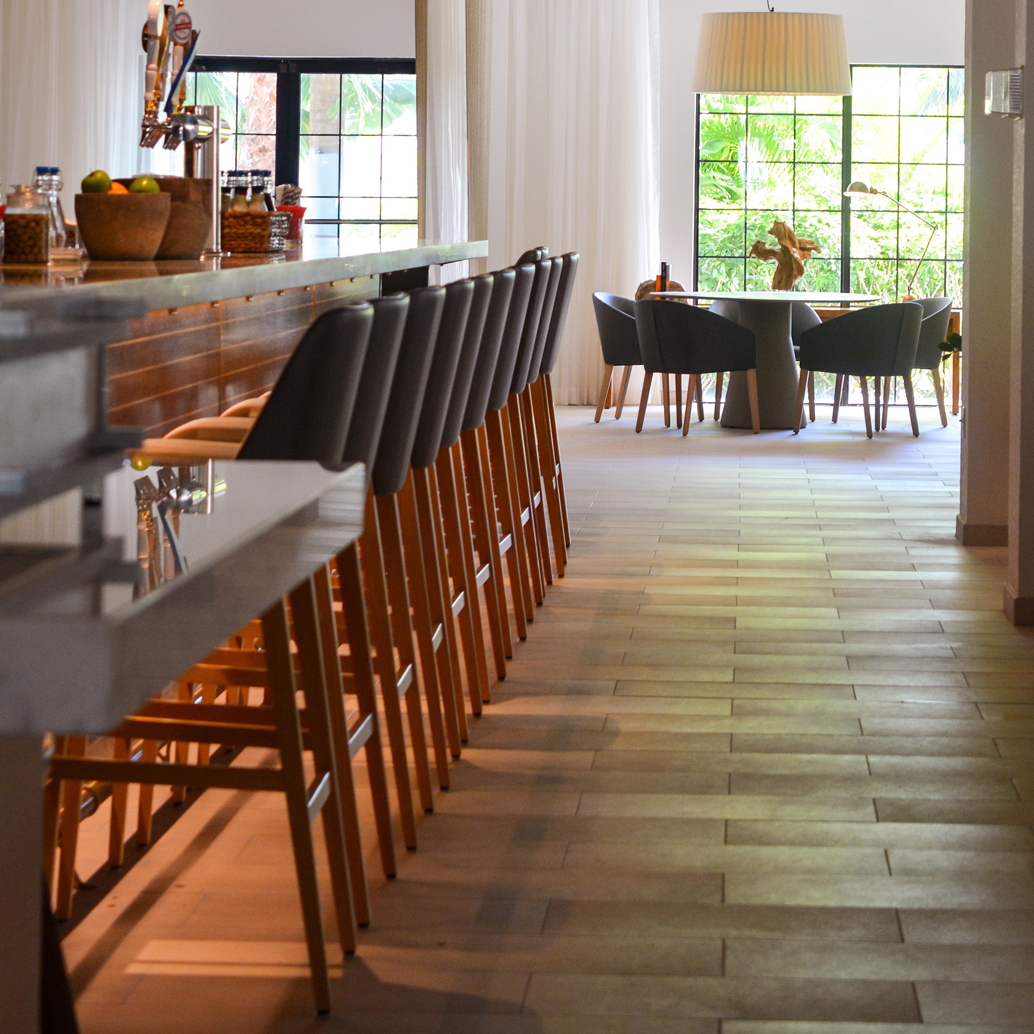 Hotel lobby bar area with seating