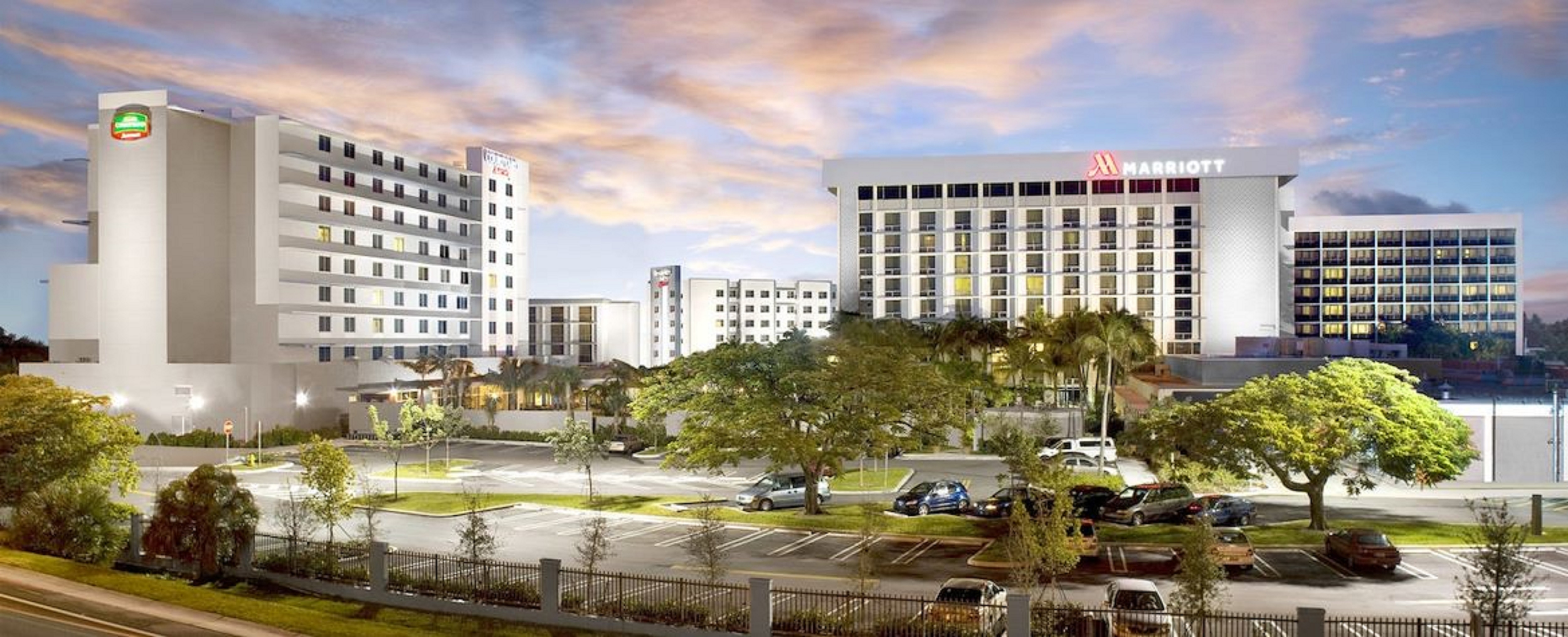 Hotel exterior at sunset