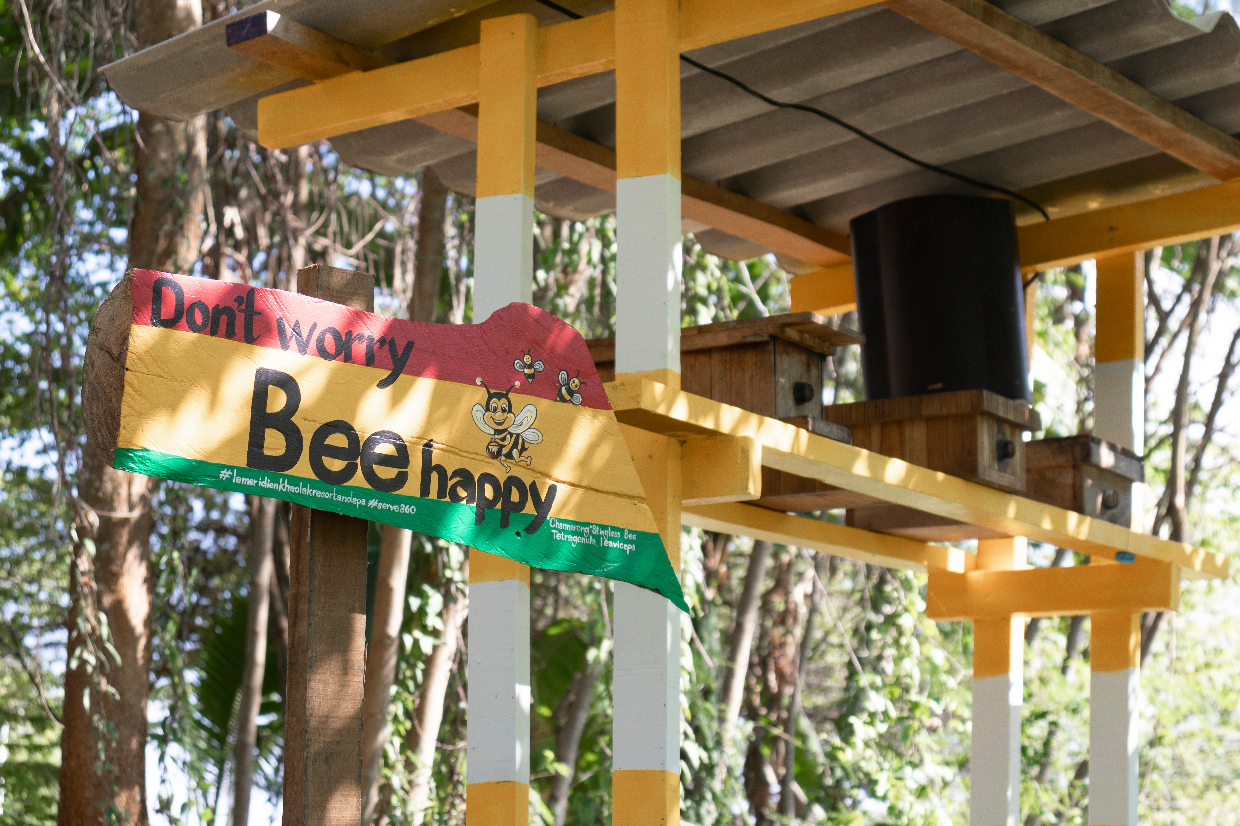 A brightly painted bee colony.