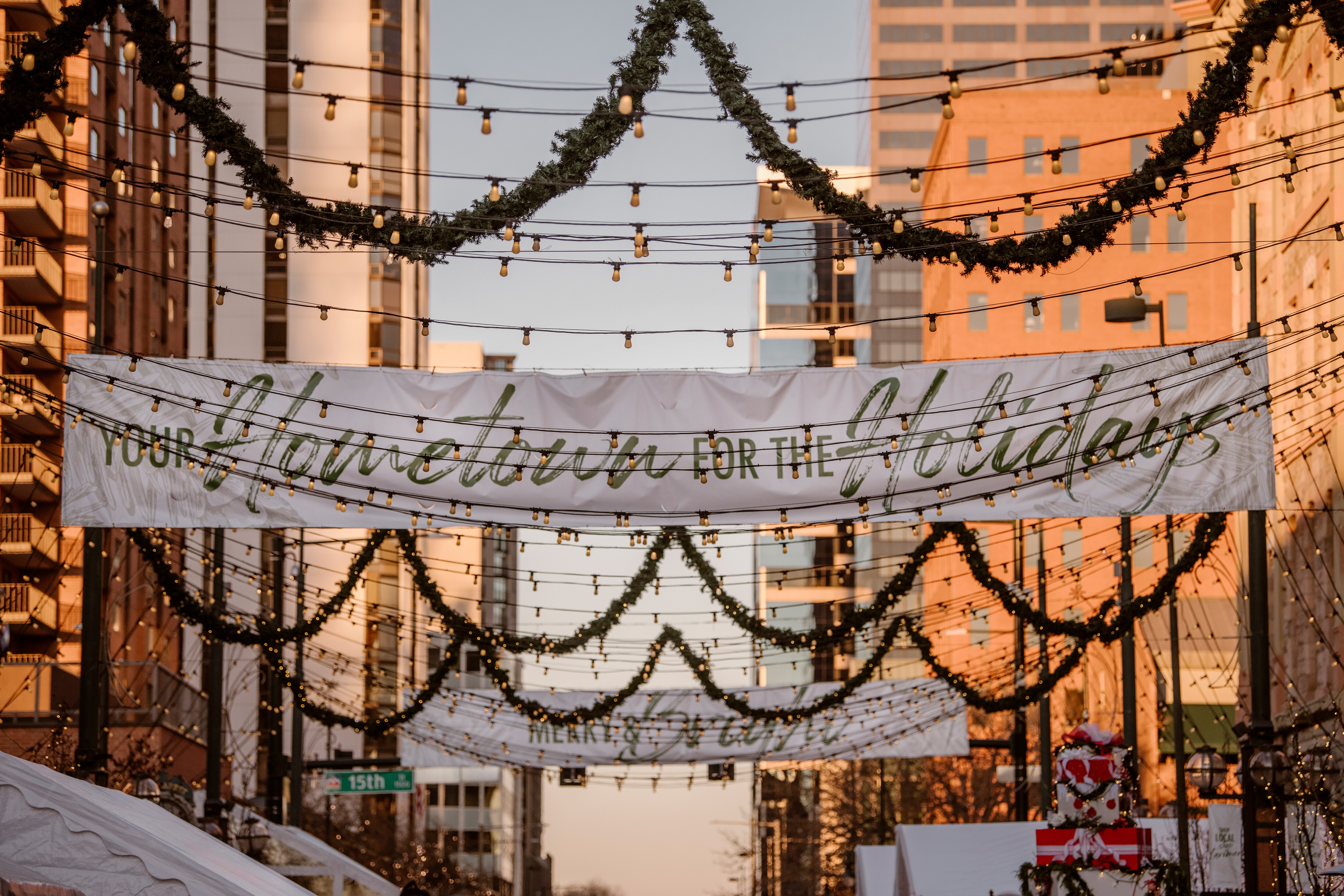 A holiday banner hung over the street