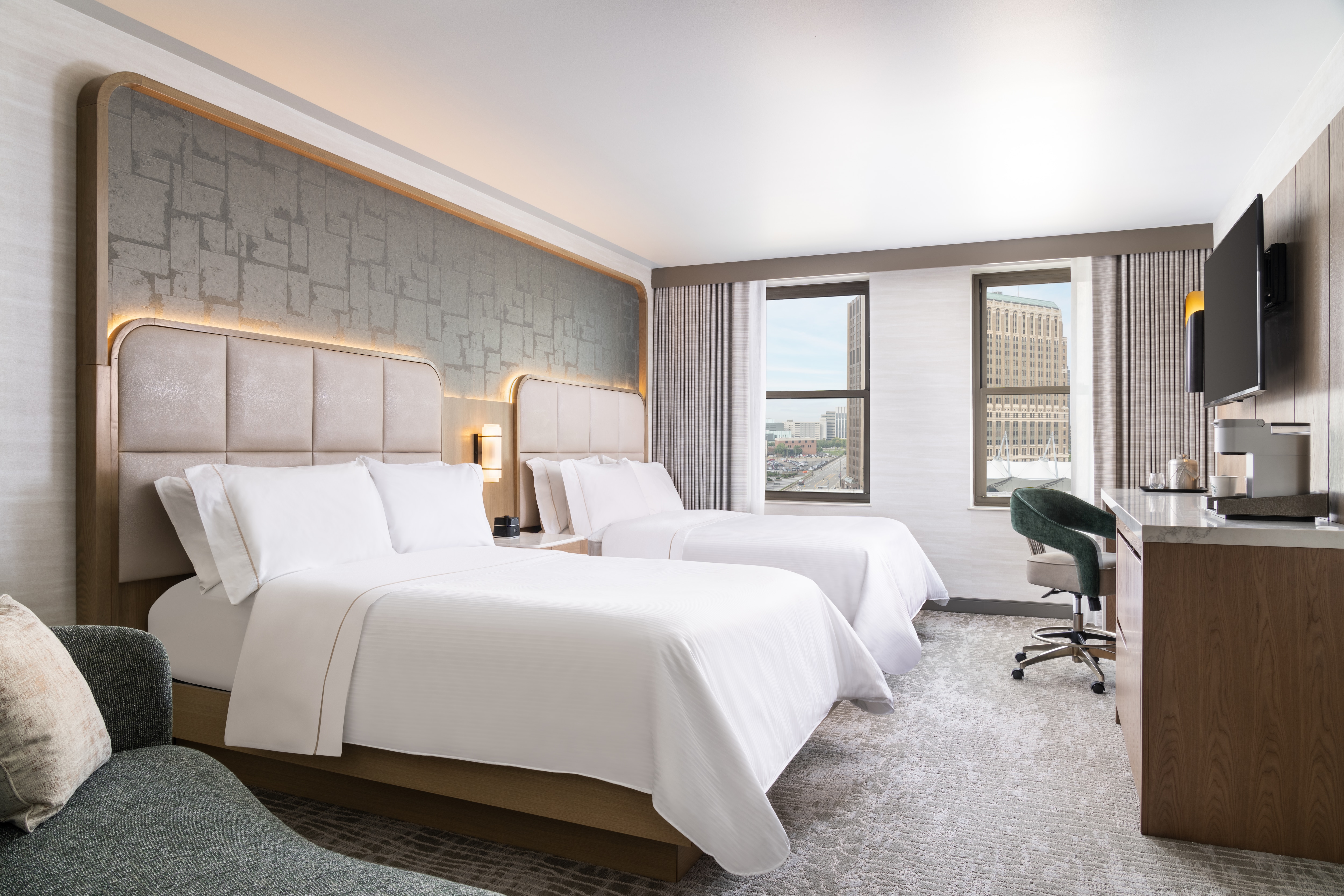 Guest room with two queen beds and exterior views