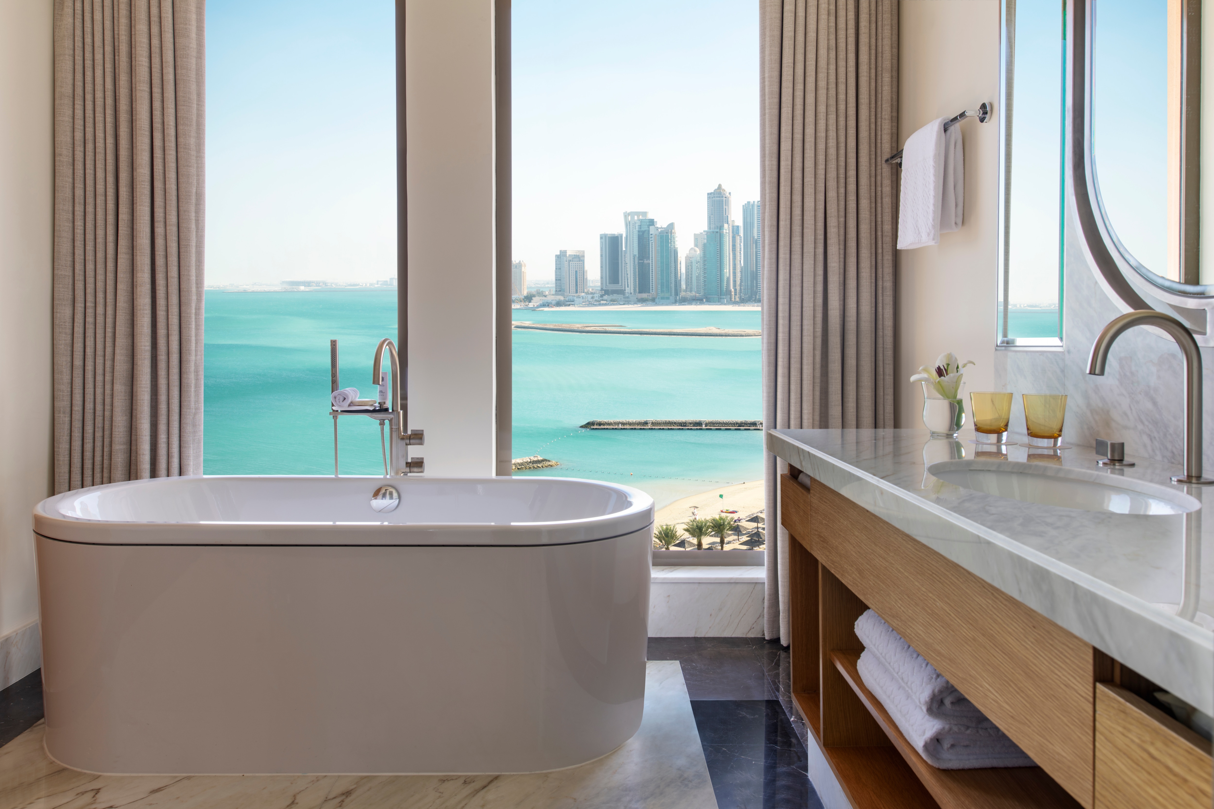 Bathroom view overlooking city view