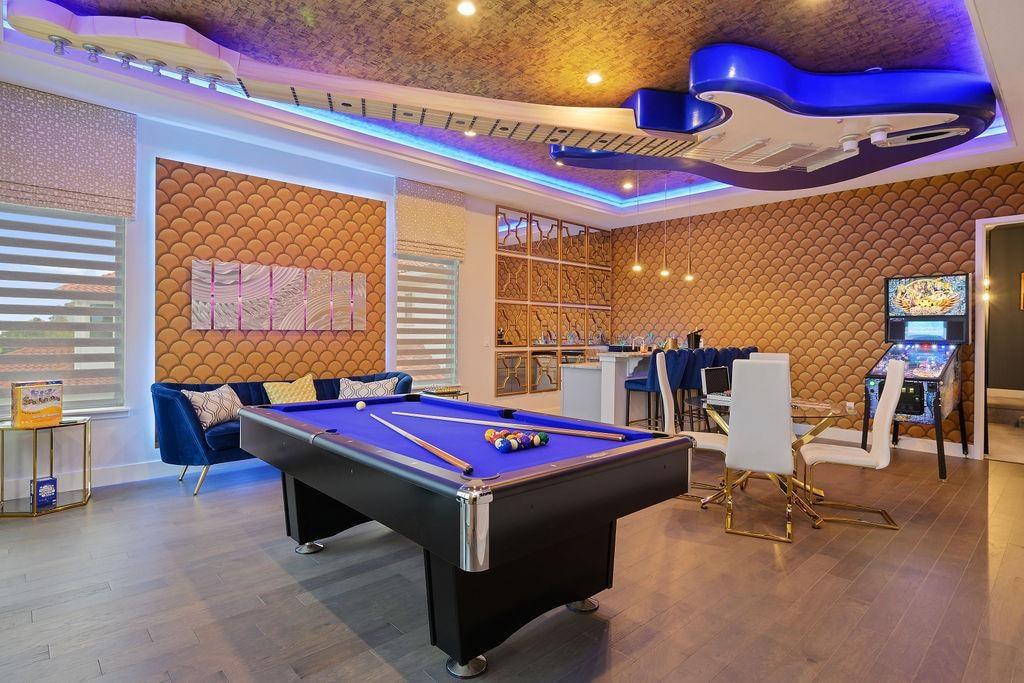 Family room with a pool table, board games, and more.
