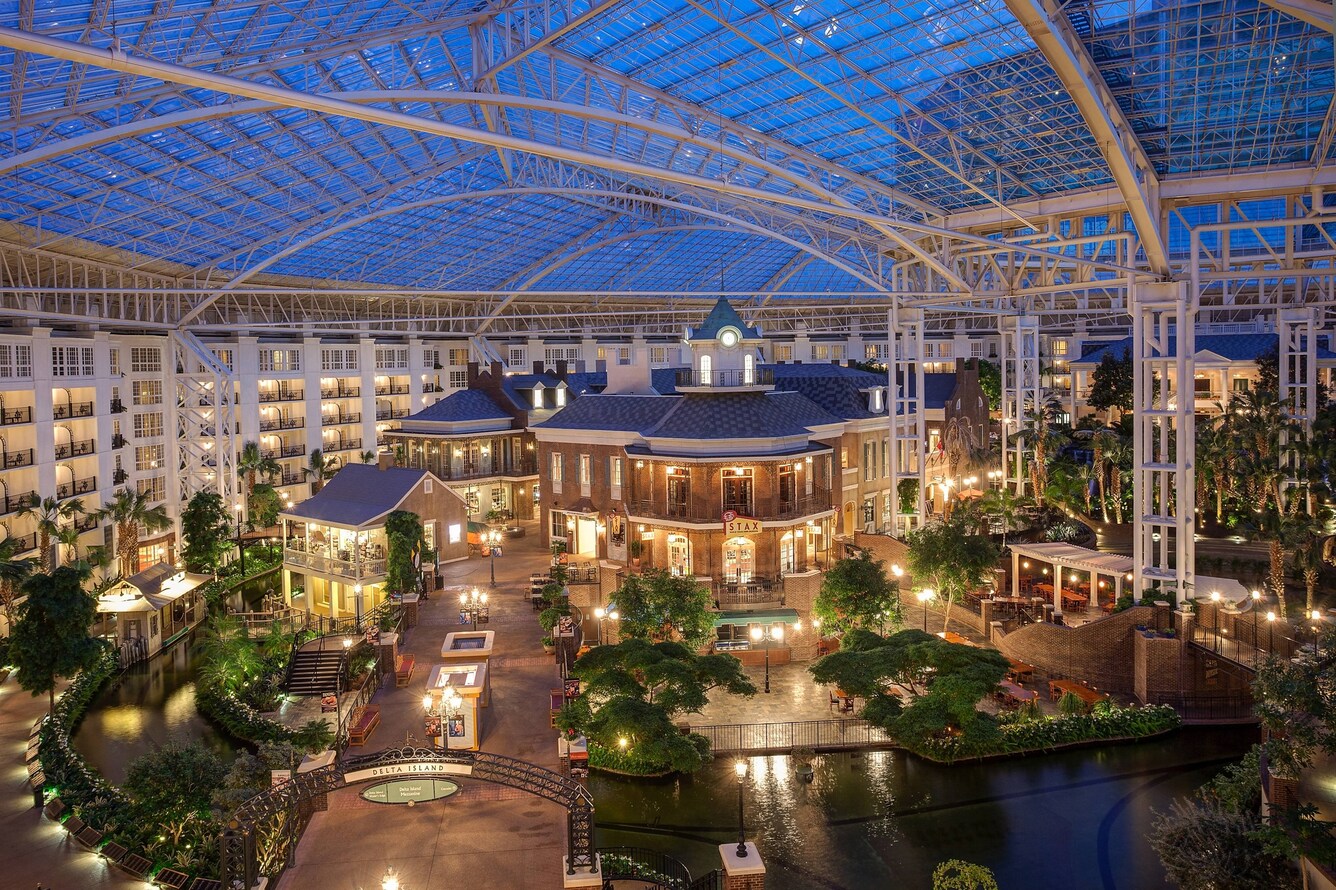 View inside atrium in the evening.