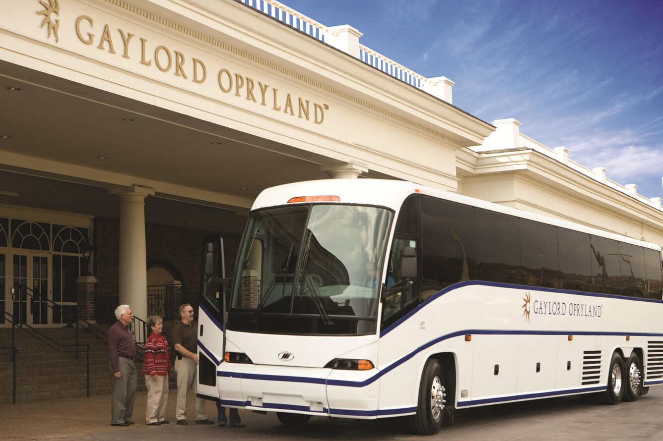 Bus outside entrance of resort.