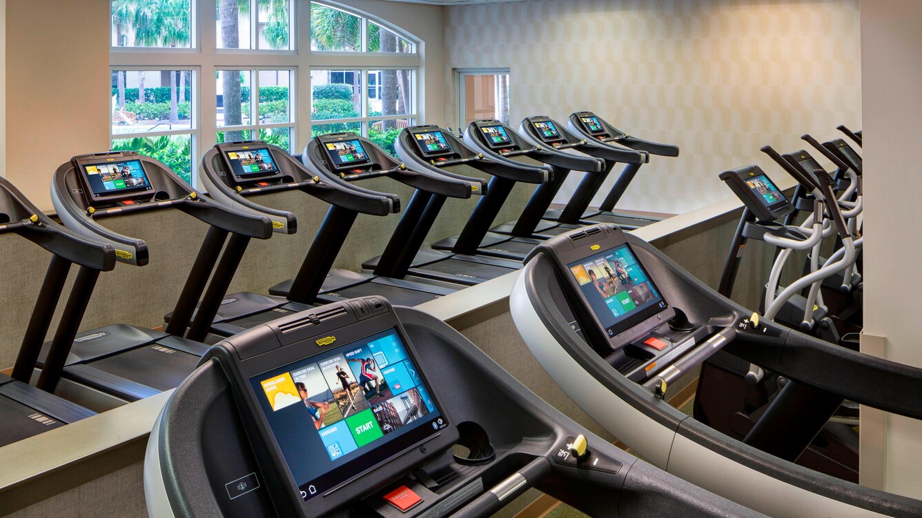 Close up of treadmill screens