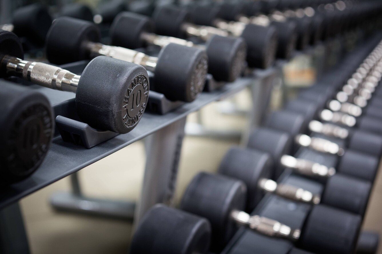 Close up of weight room free weights on a rack
