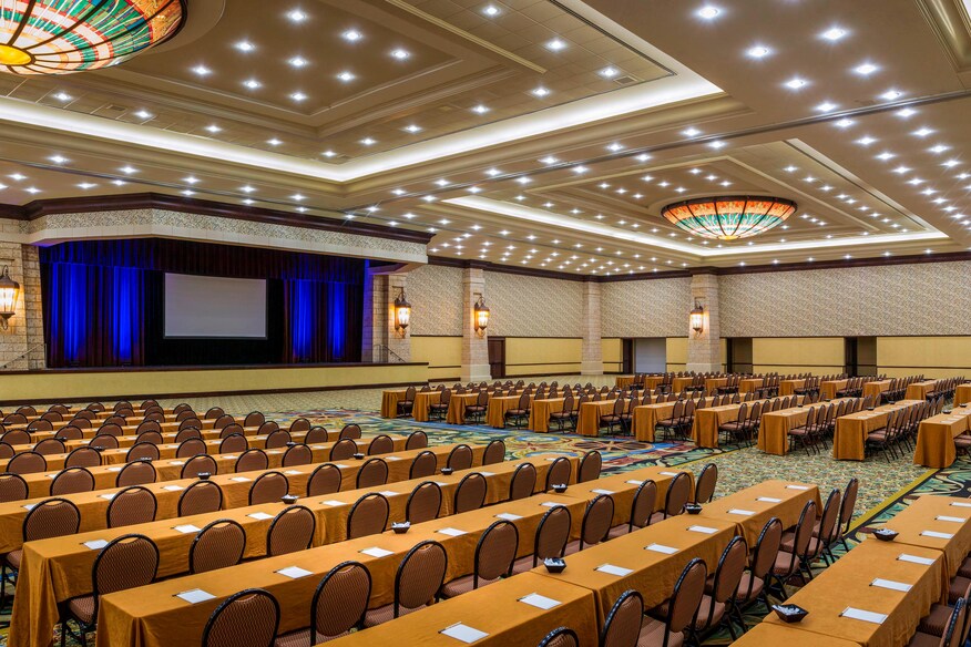 Texas ballroom with inset ceiling lighting, classroom style with stage