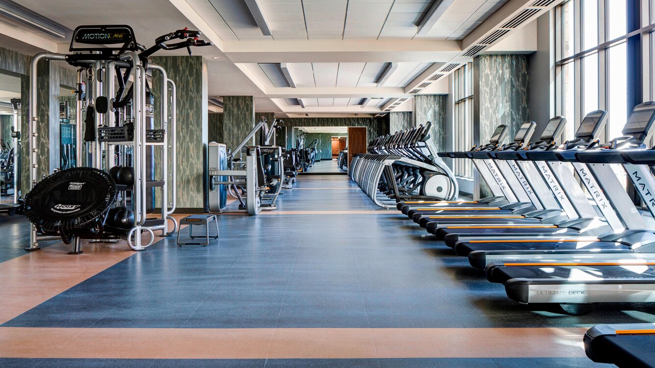 Cardio and weight training equipment in the resort's fitness center.