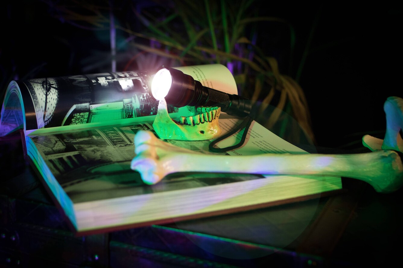 Close up of open book, flashlight, and fake bone.