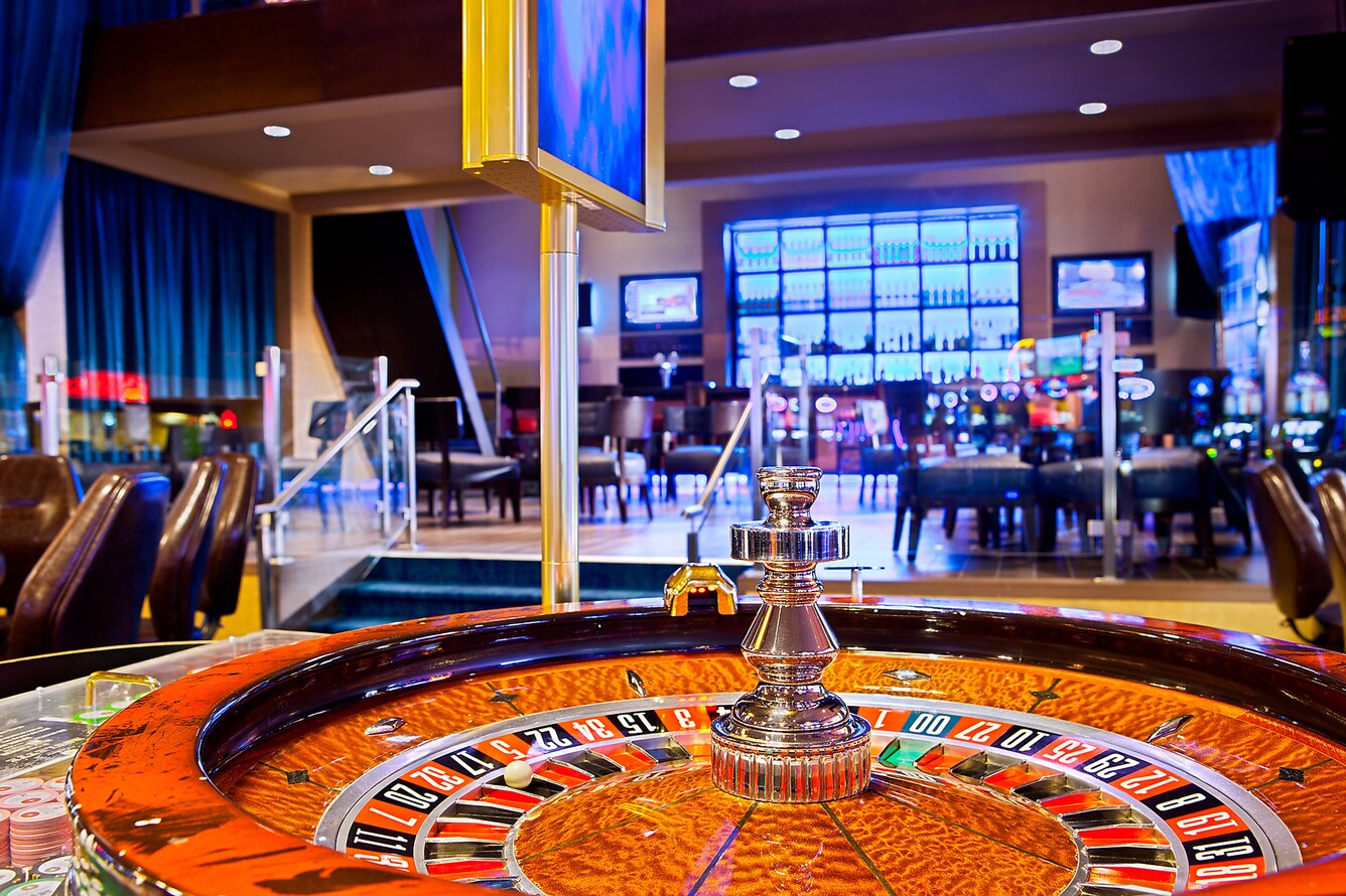 Close up of a roulette wheel in the casino.