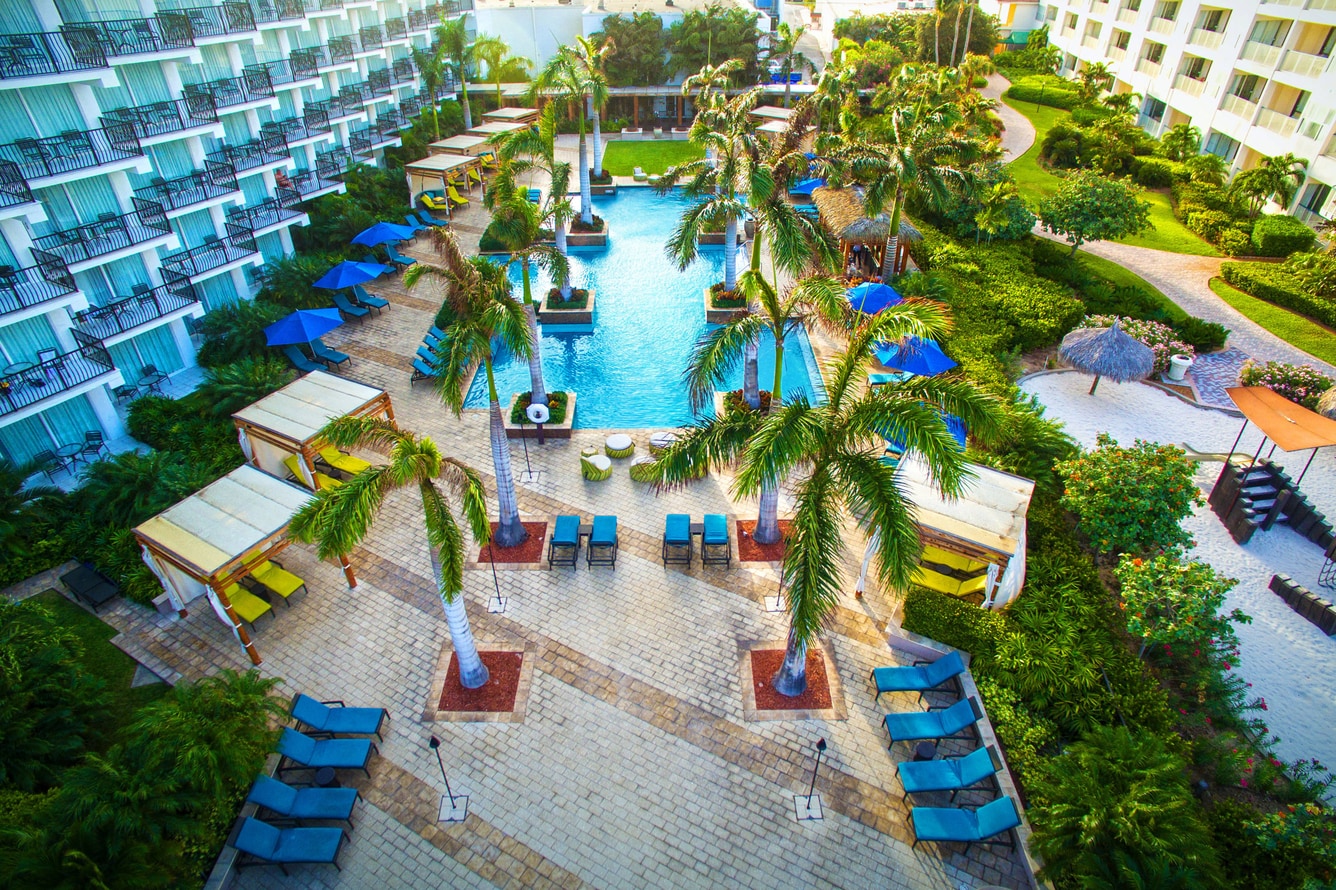 Top down view of the H2 Oasis adult outdoor pool, outdoor seating, and palm trees.