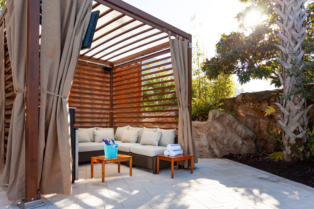 outside cabana with sitting area