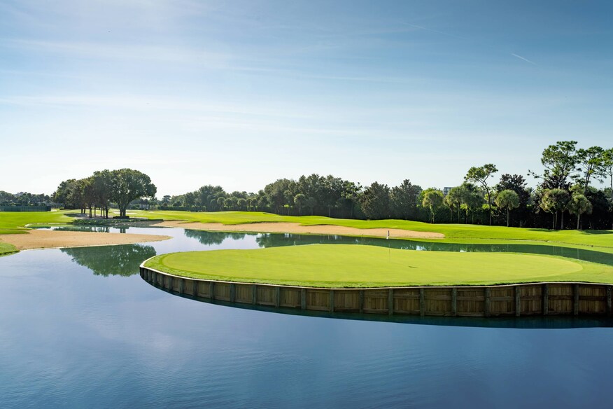 Golf course green surrounded by water.