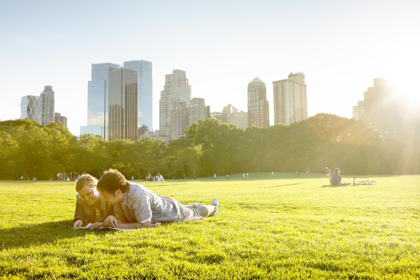 A couple laying side by side in a grassy park reading.