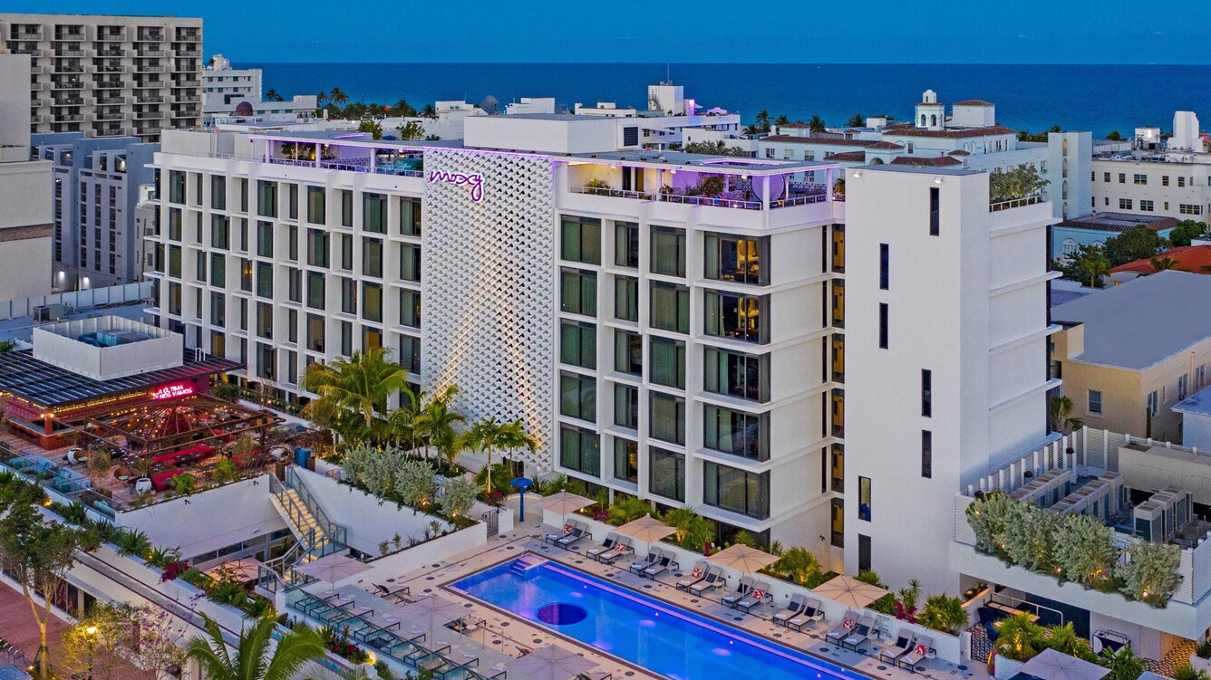 Exterior view of moxy miami hotel on a sunny day