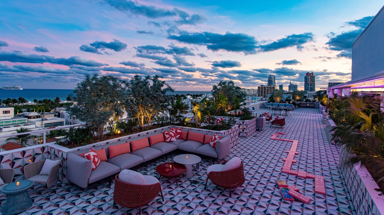 Miami beach rooftoop lounge with incredible views, games, couches and more.