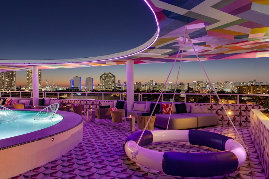 The upside rooftop lounge area with funky seating and lounge pool.