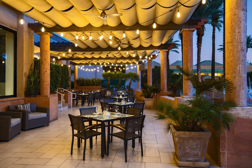 Outdoor patio seating at Cava.