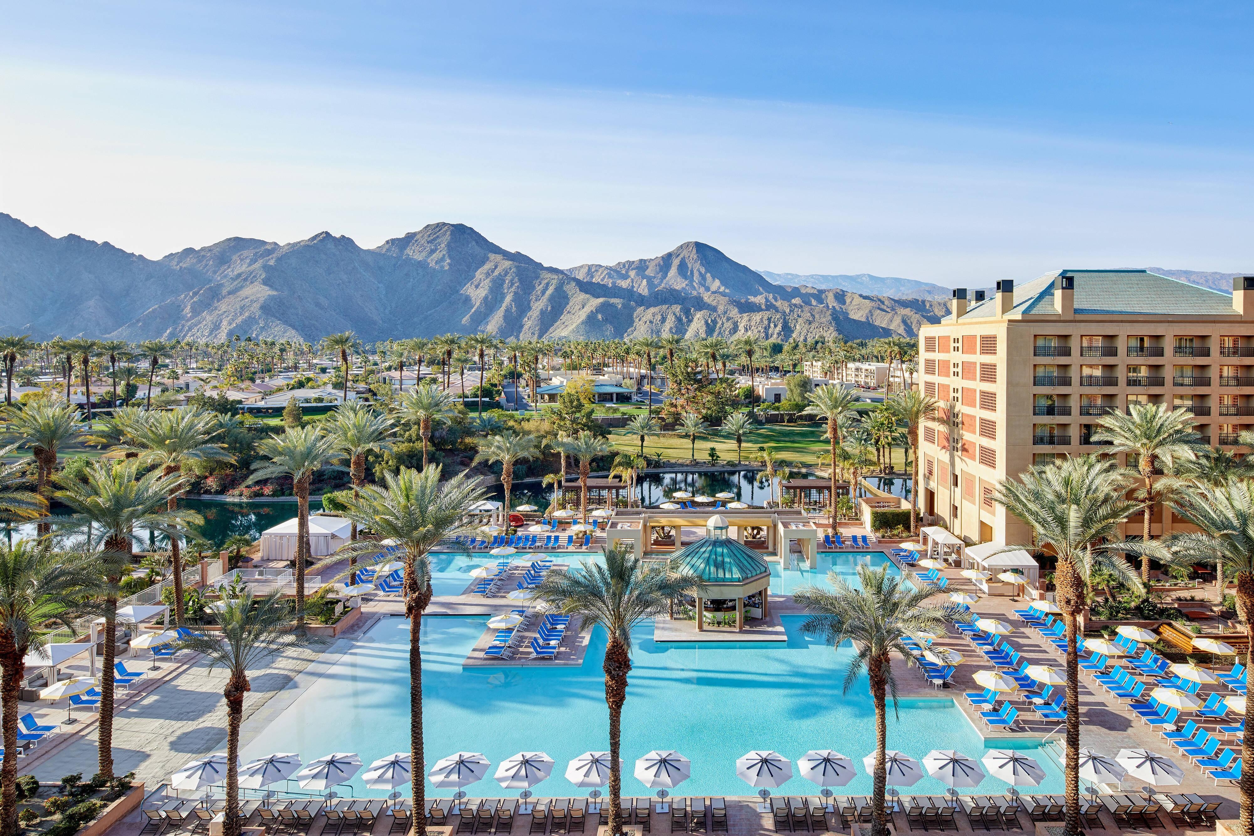 Exterior pool view from indian wells renaissance hotel balcony.
