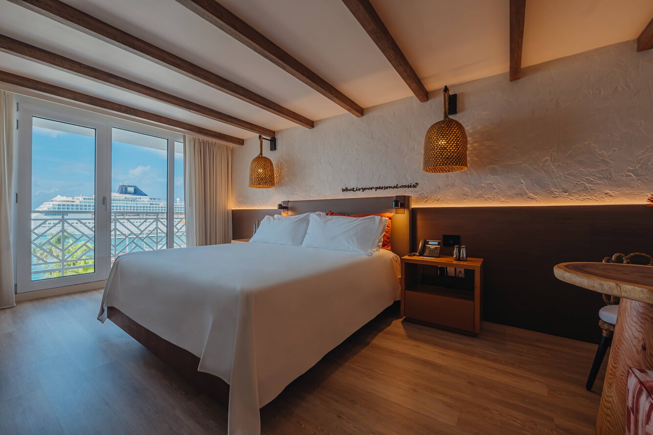 view of bedroom with bed and wooden table