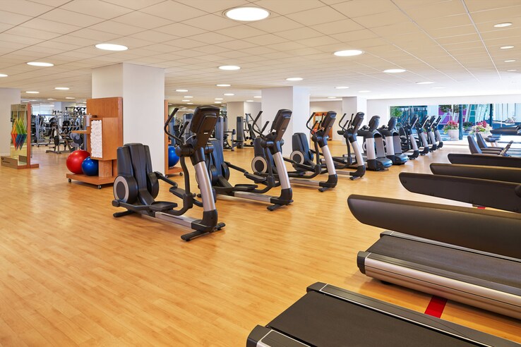 Fitness center interior with an assortment of cardio equipment.