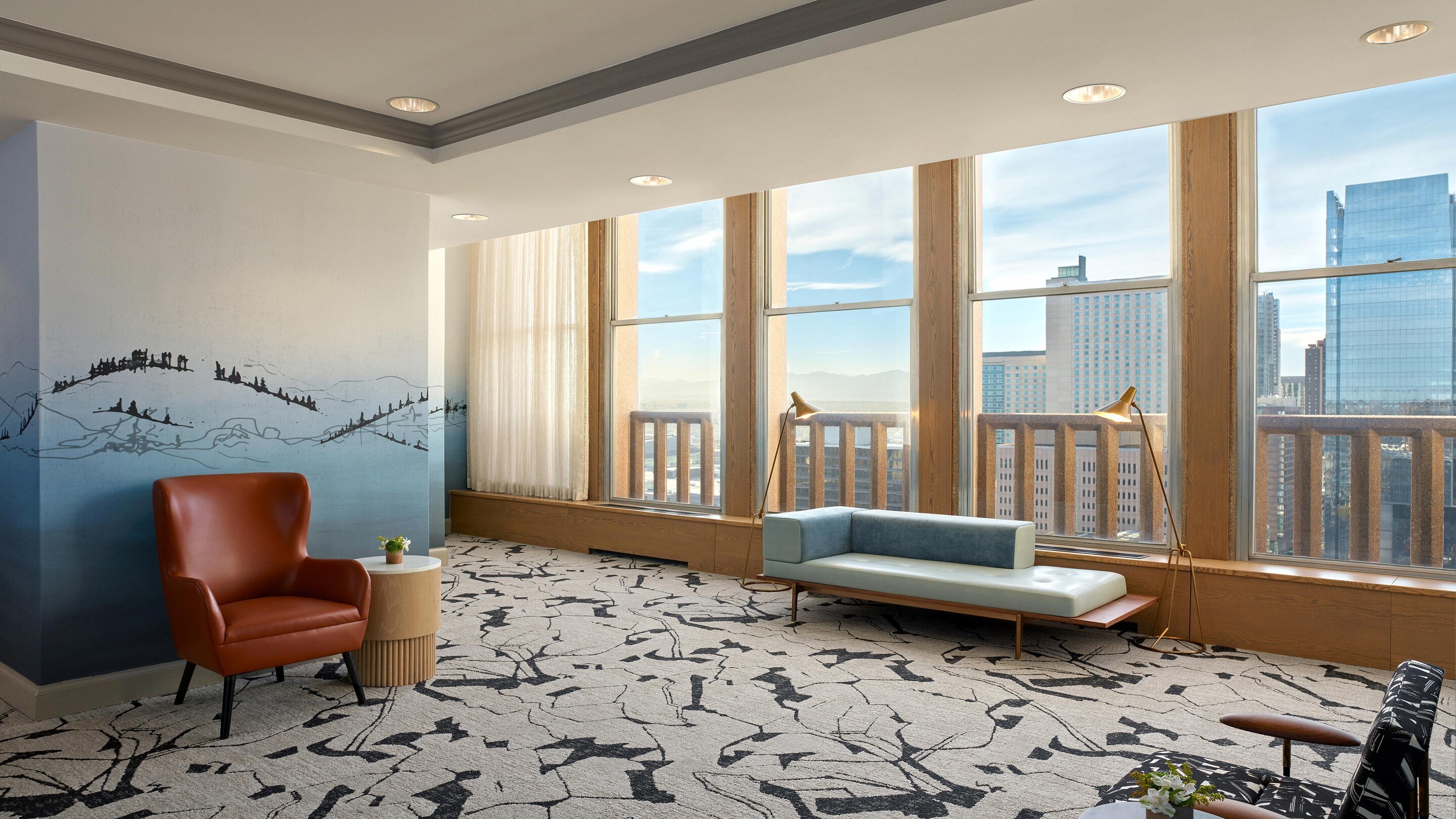 Sitting area overlooking Denver skyline.