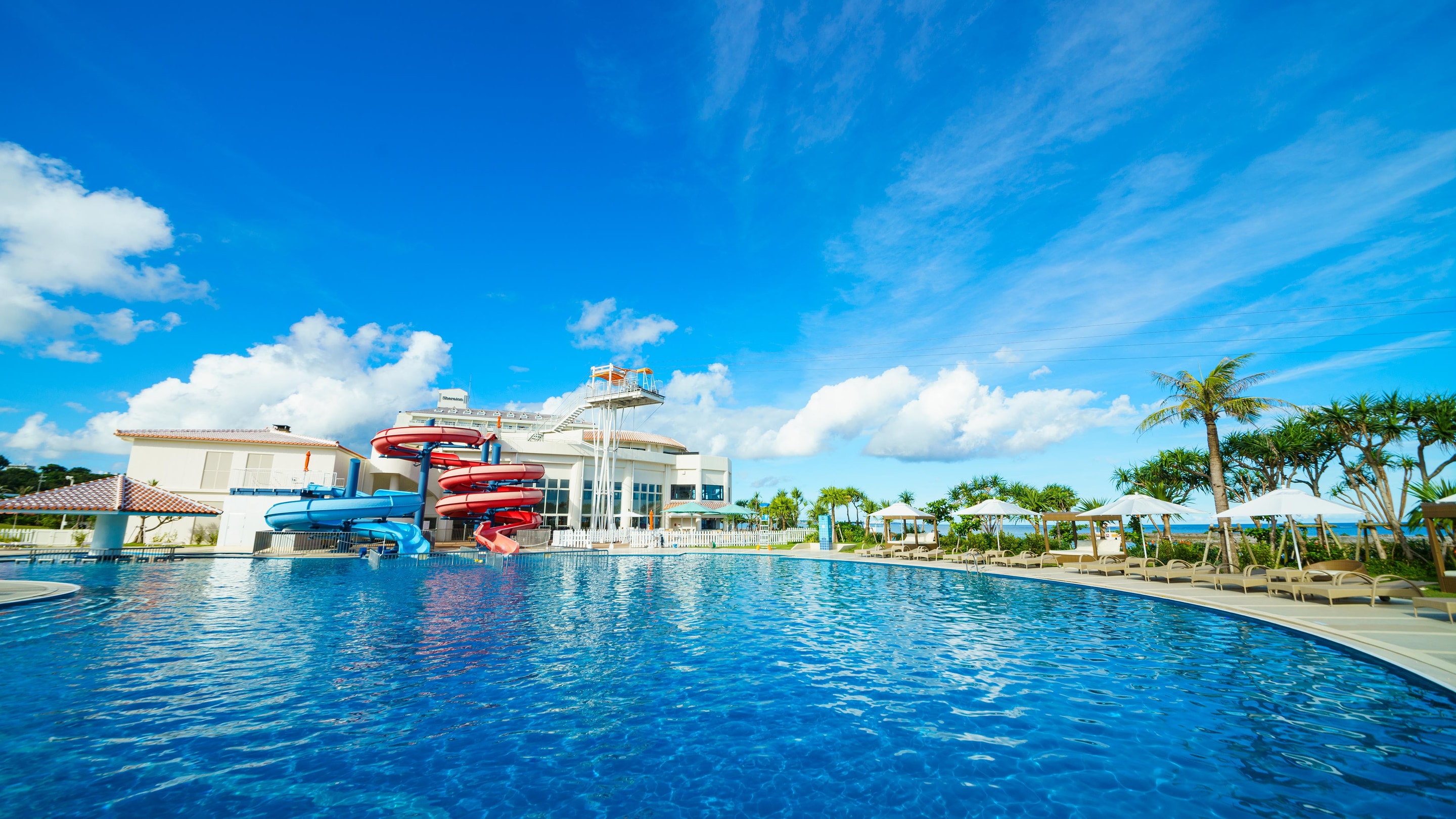 Garden pool with waterslides