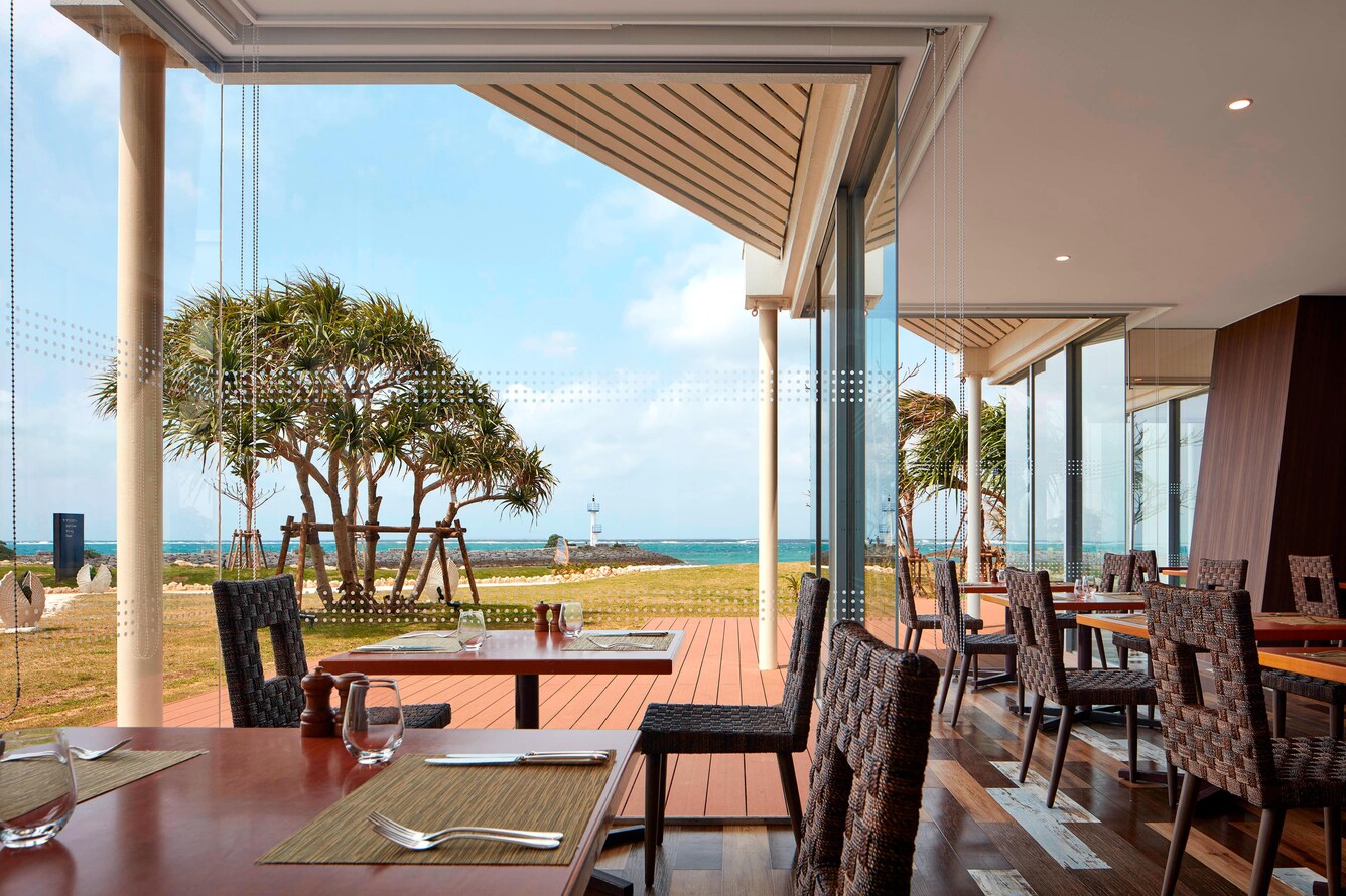 Outdoor dining area under overhang