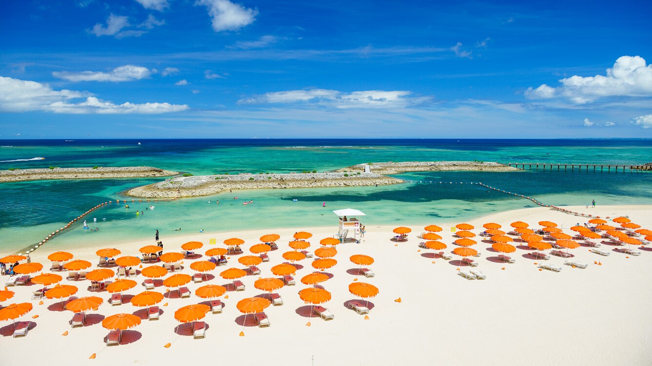 Sunmarina beach with umbrellas and chaise lounges.