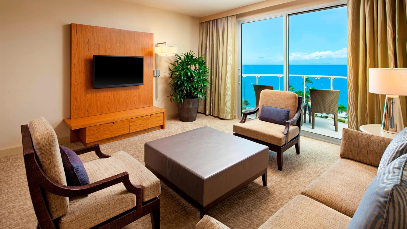Executive Suite living area seating and view of the balcony.