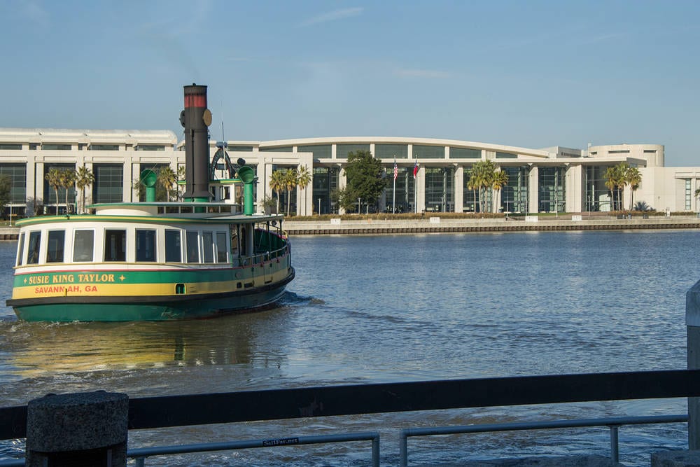 Susie King Taylor ferry boat crossing Savannah River from Waving Girl Landing to International Trade & Convention Center