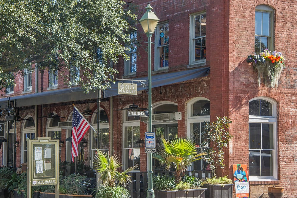 The red brick Savannah City Market, located at its original 1700s site, offers music, food and art