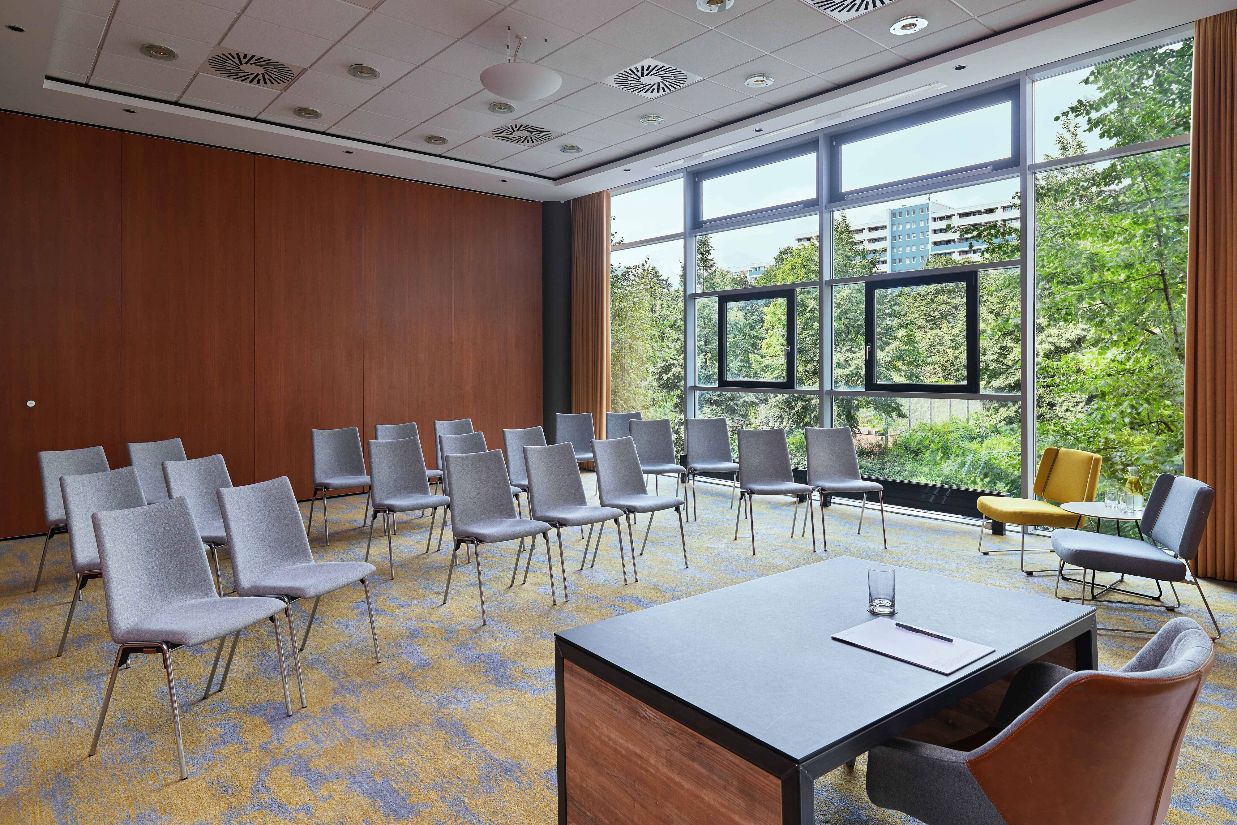 Meeting room with floor to ceiling windows