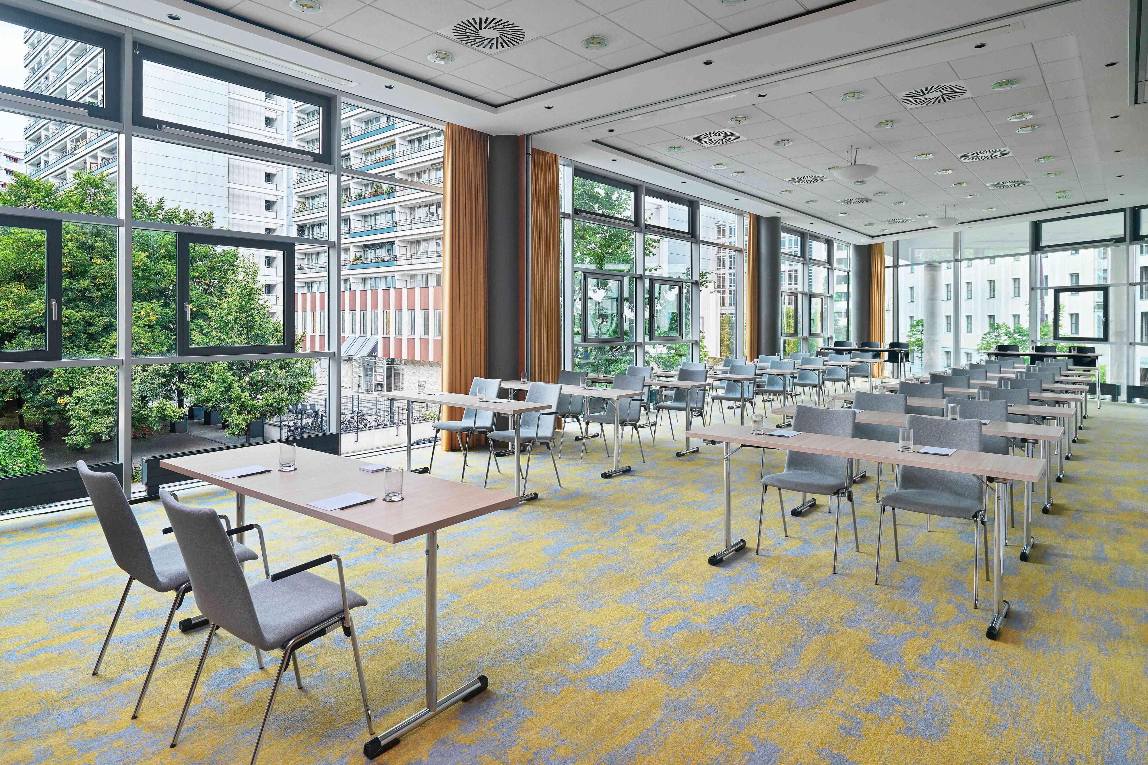 Meeting room with floor to ceiling windows