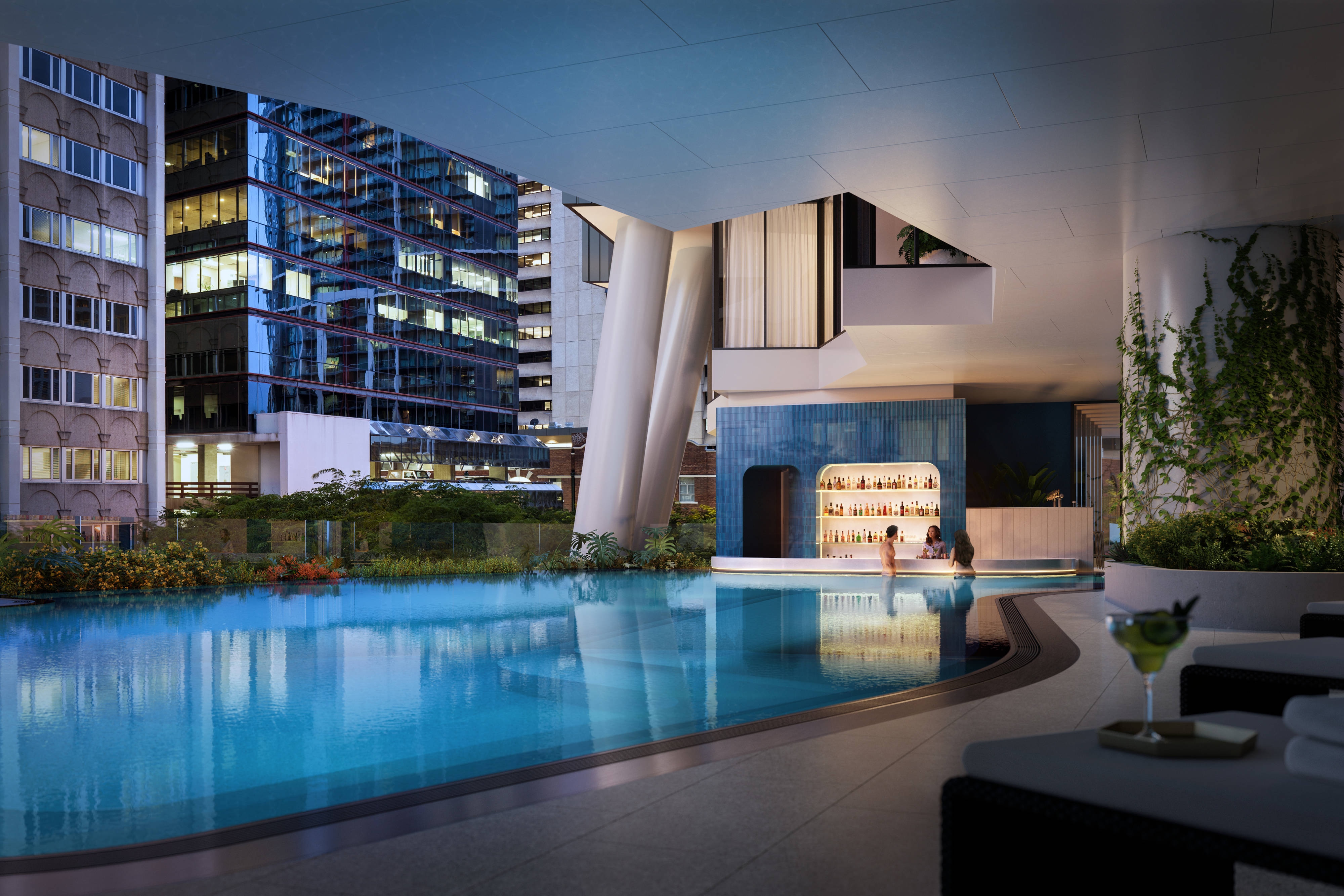 Outdoor swimming pool and pool bar