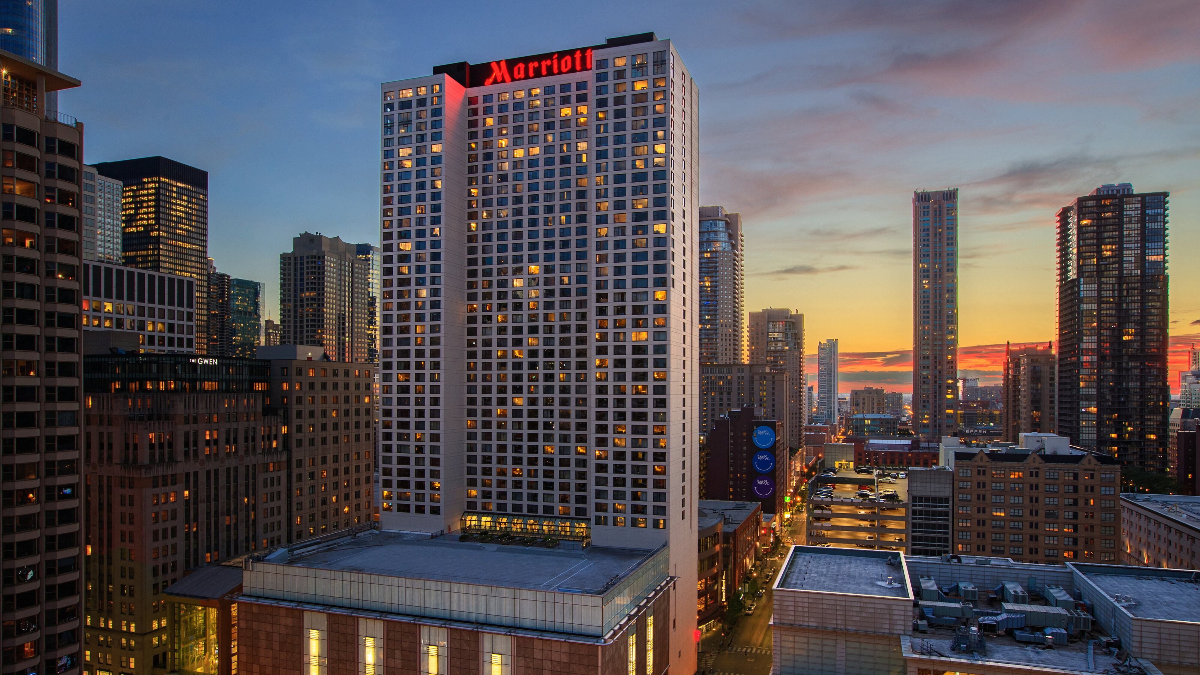 Hotel exterior at sunset
