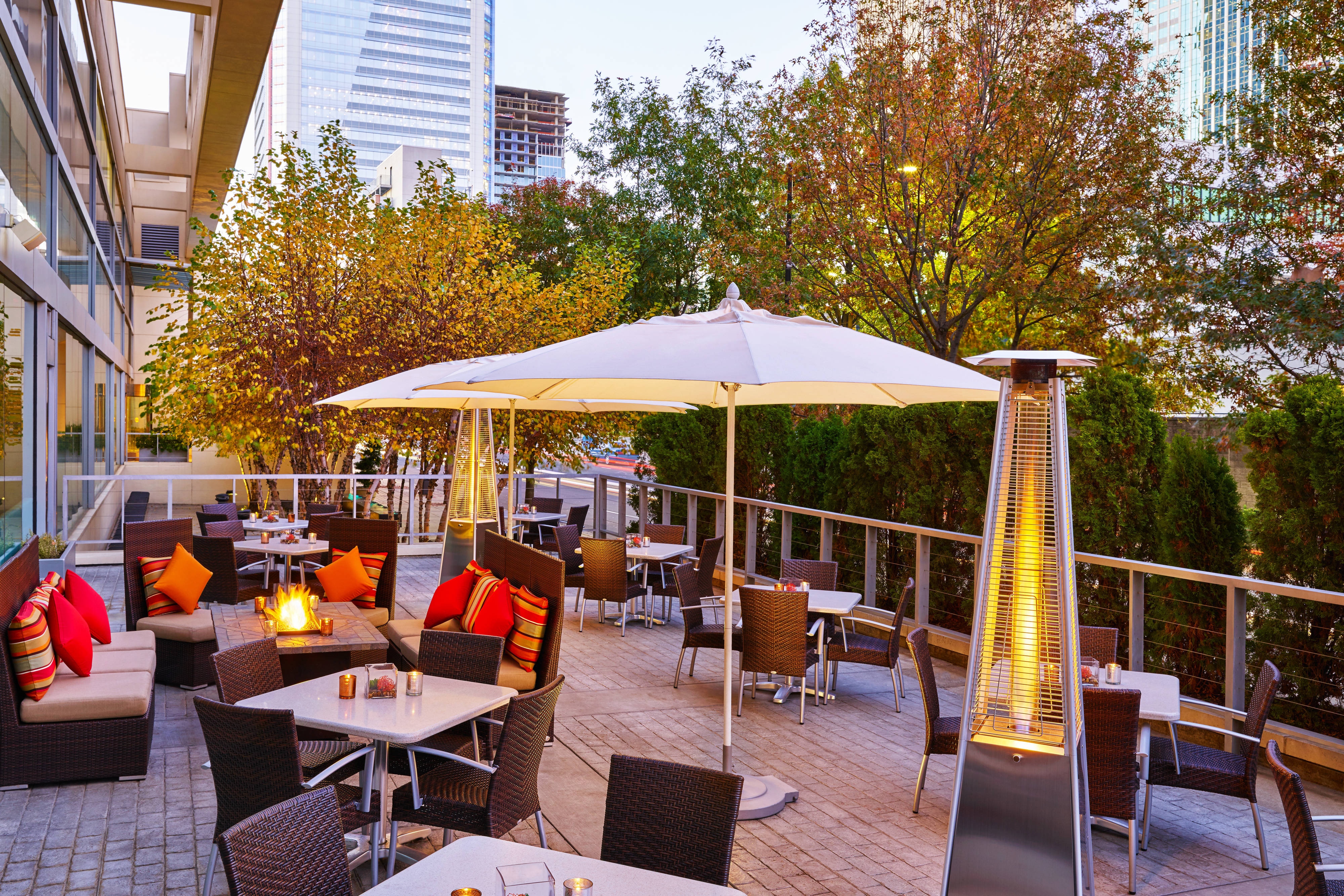 Outdoor terrace lounge seating with firepit