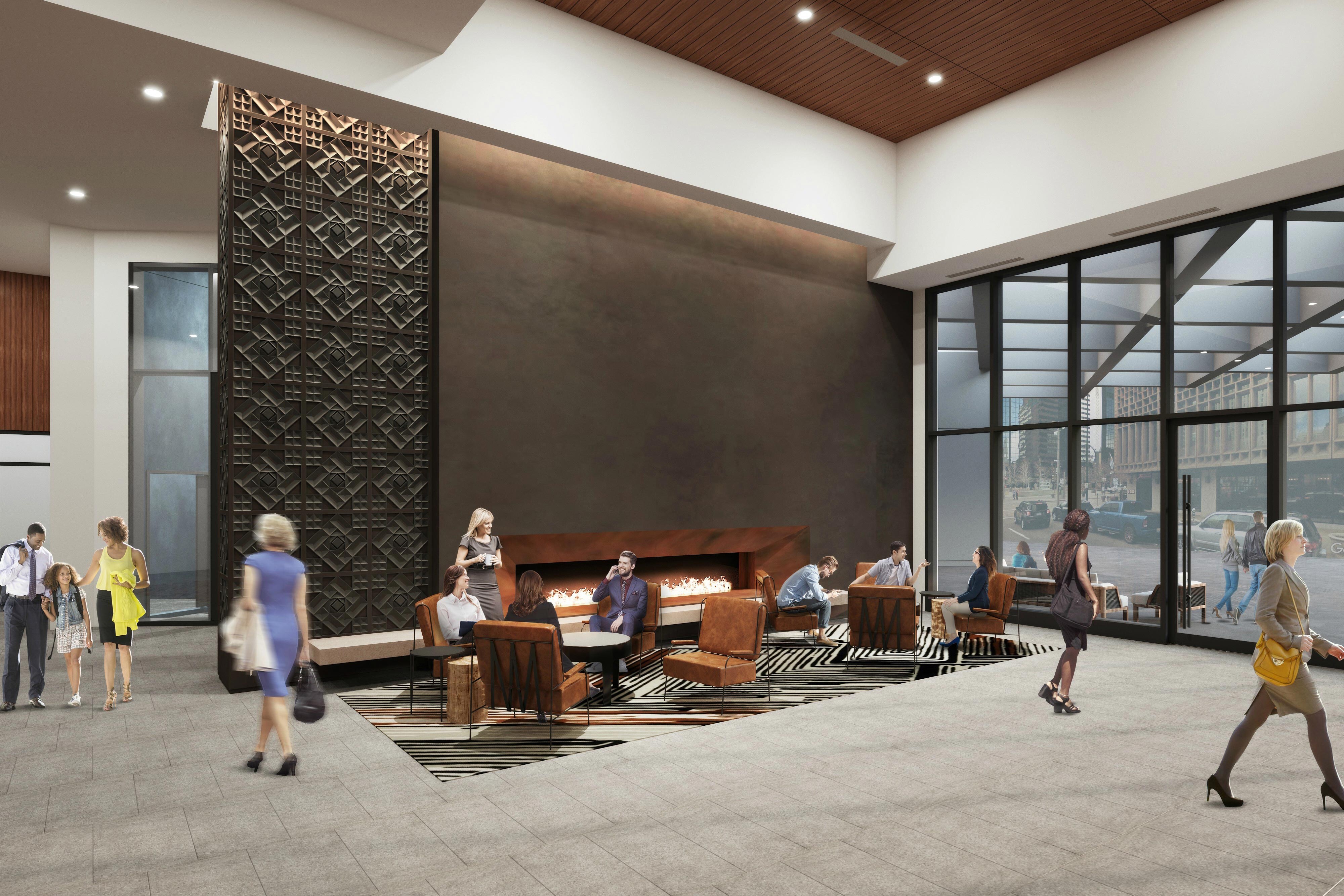 Lobby seating with fireplace
