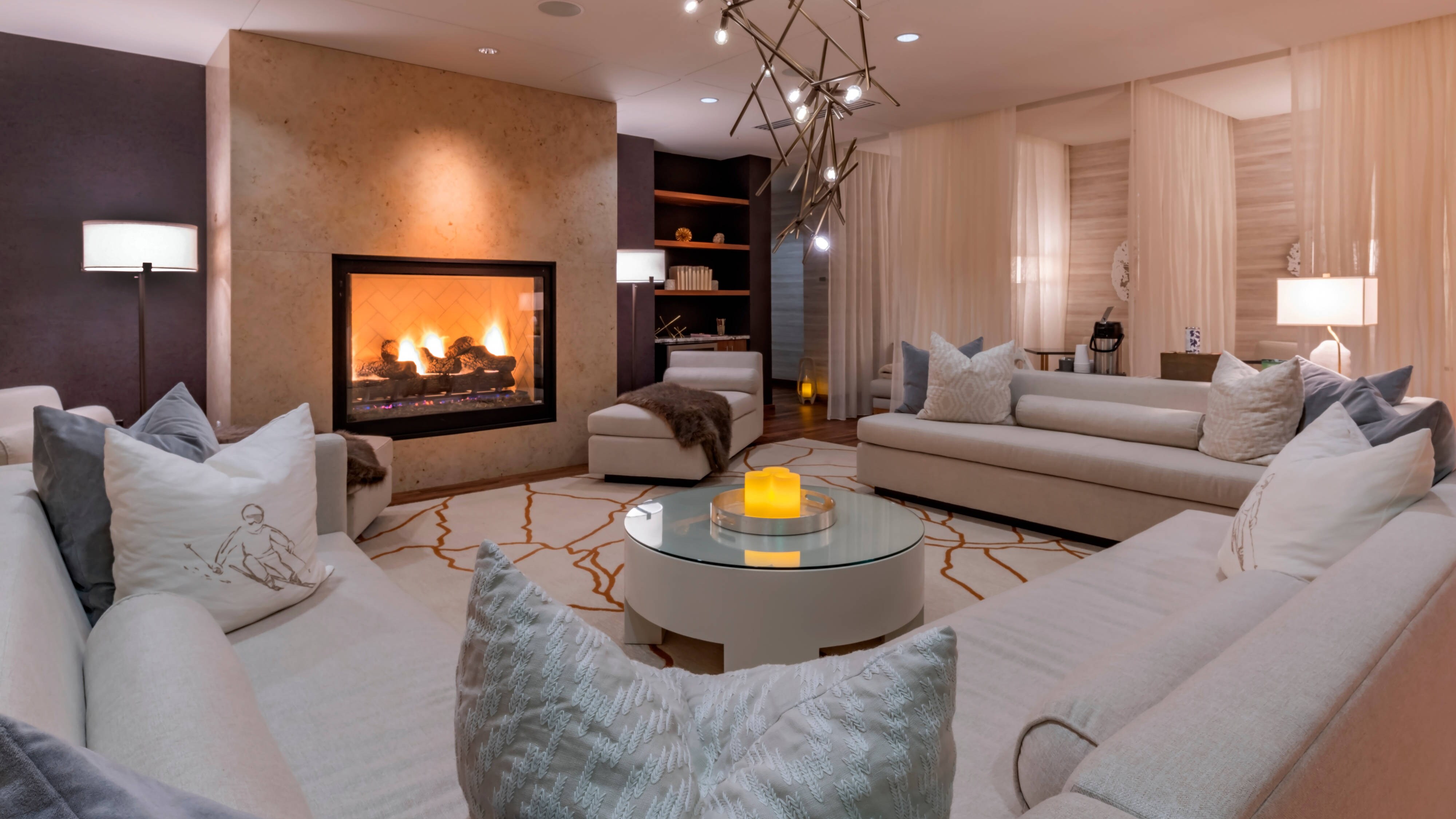 Spa couches and fireplace