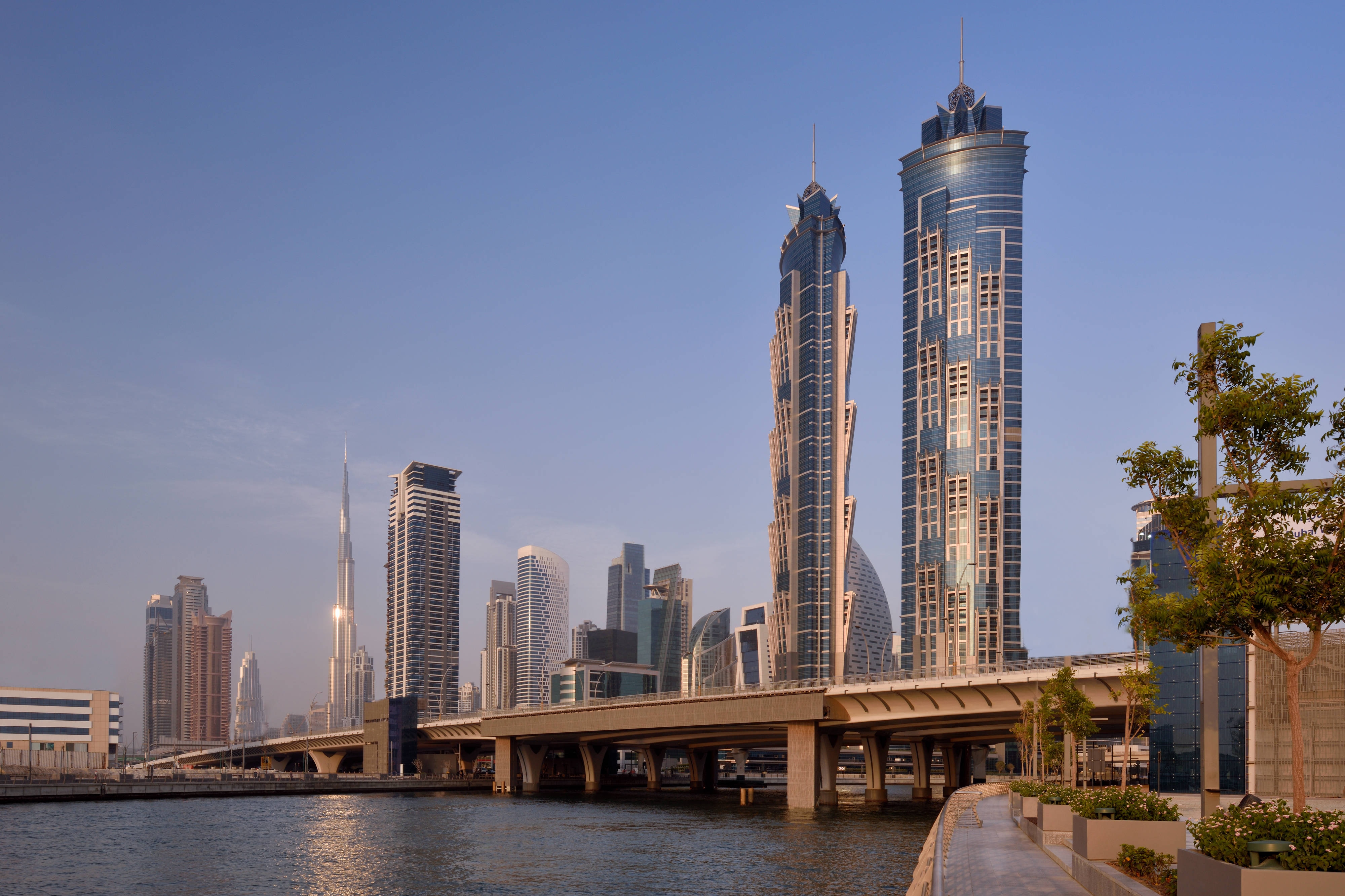 City skyline and hotel exterior