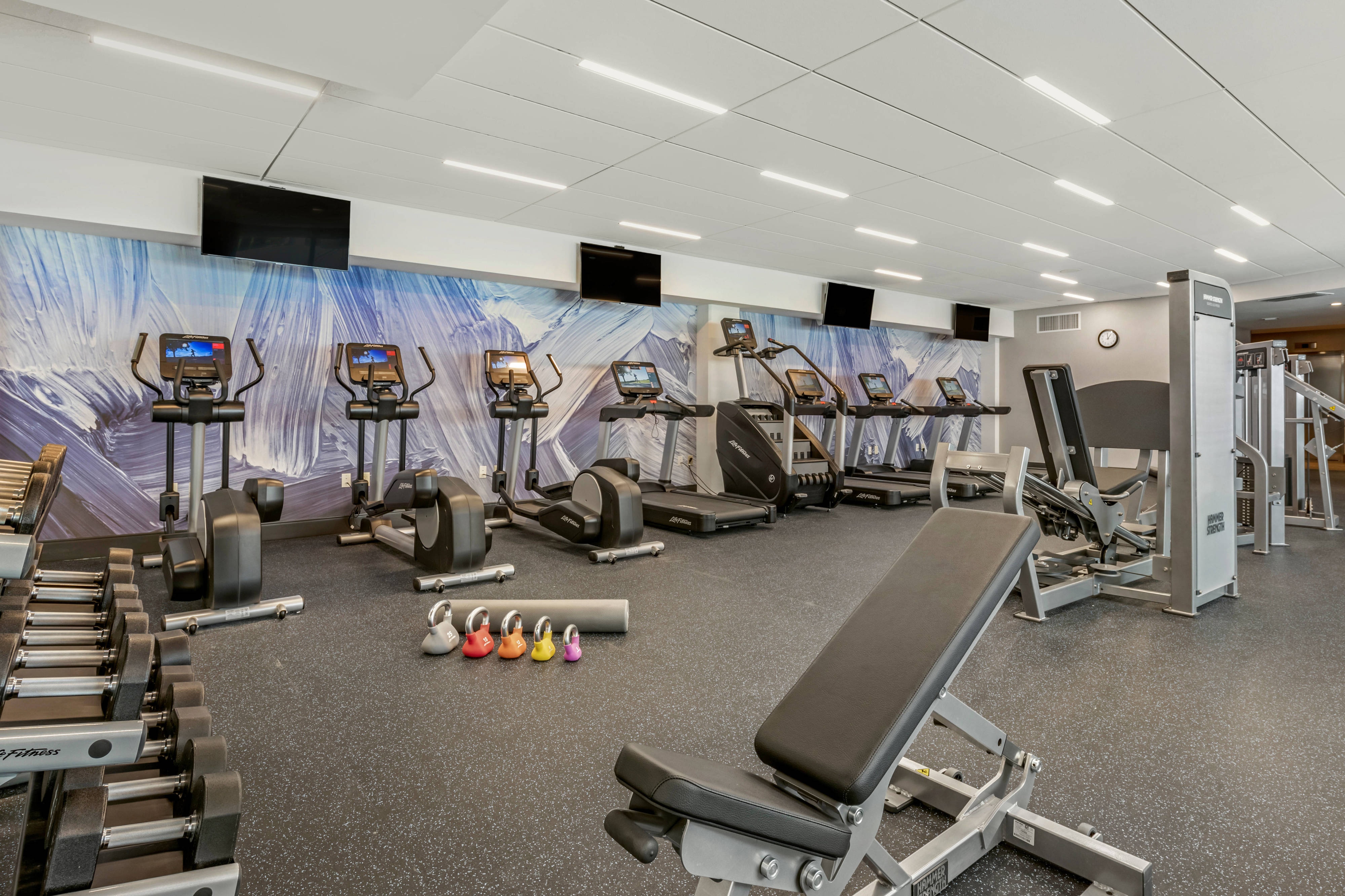 Fitness center workout equipment